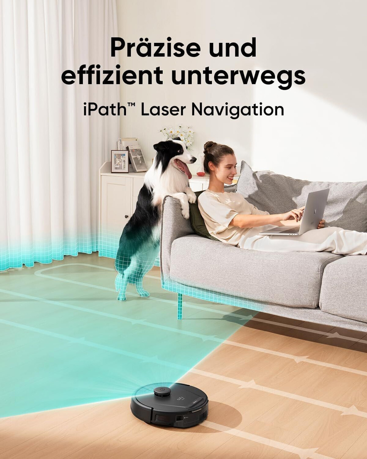 Kobieta na kanapie z laptopem, pies obserwuje, robot sprząta, tekst: nawigacja laserowa iPath.