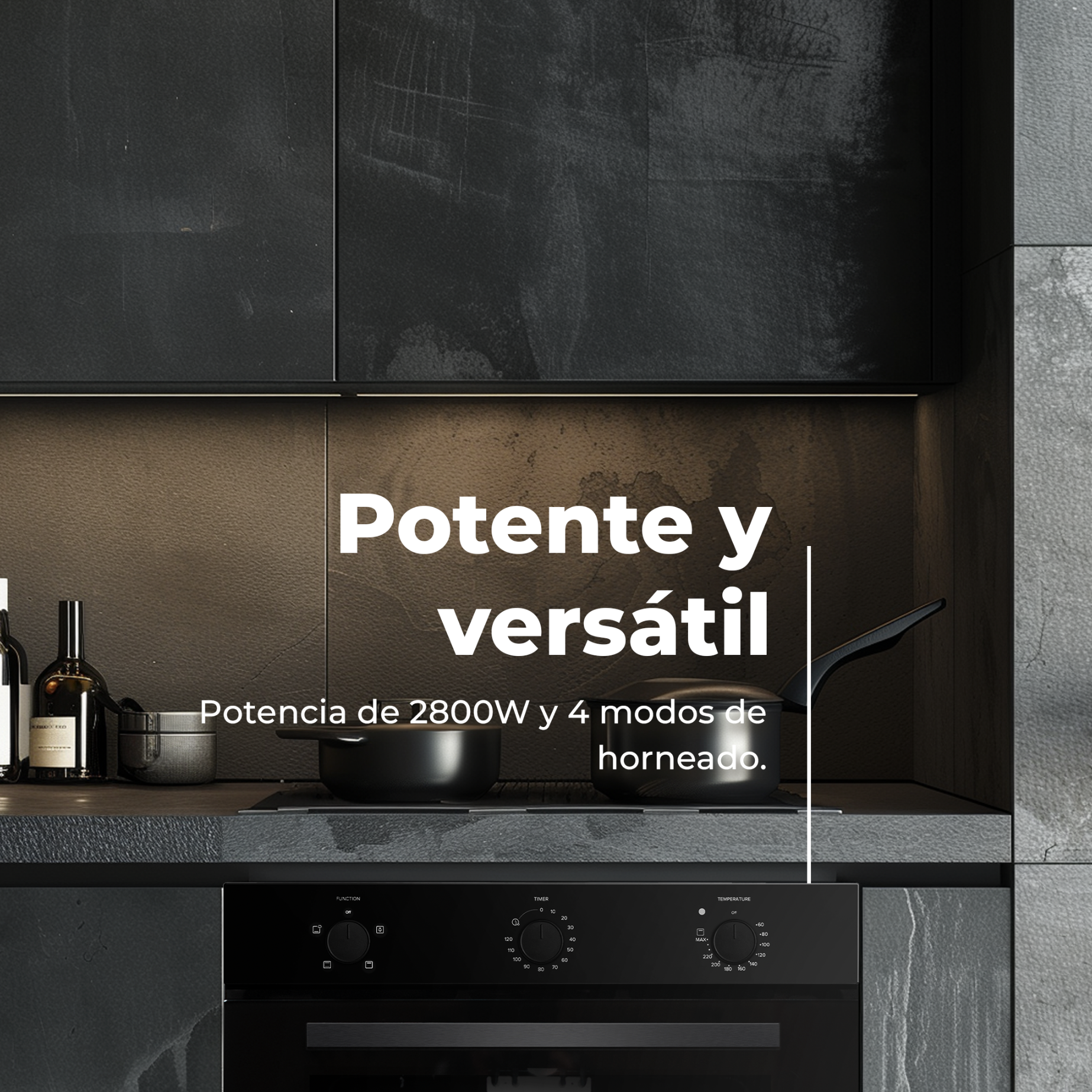 Una scena di cucina. Un forno nero è sotto un piano di lavoro scuro. Il testo dice 'Potente y versátil'.