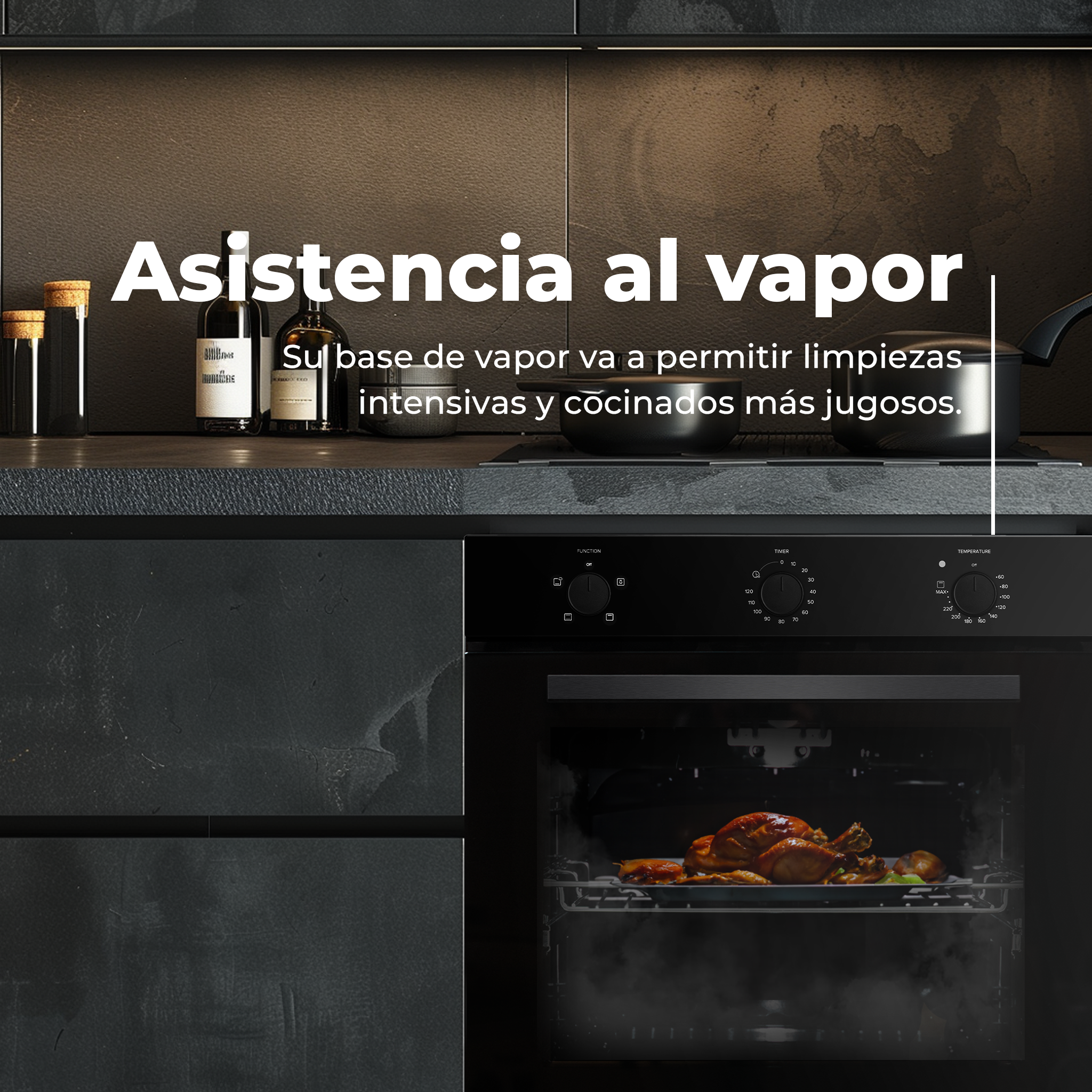 Un forno con un pollo arrosto dentro. Il testo recita: 'Asistencia al vapor'.