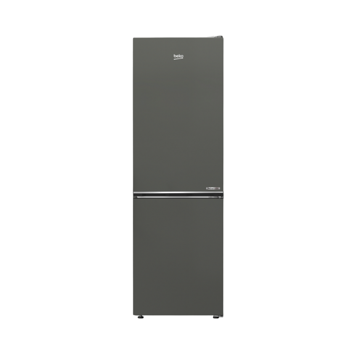 A dark grey refrigerator with two doors. The Beko logo is visible.