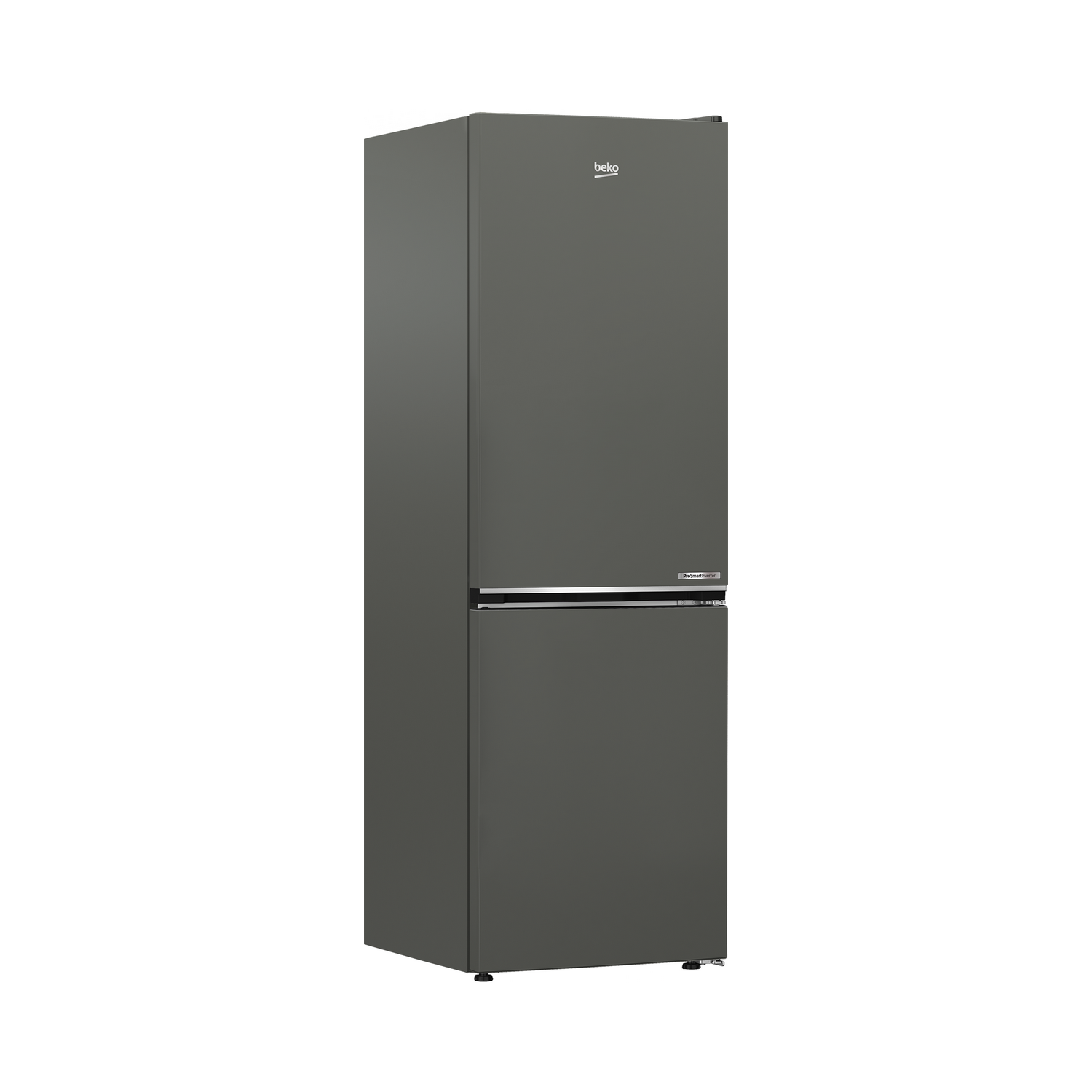 A dark gray refrigerator with two doors and a sleek design, against a white background.