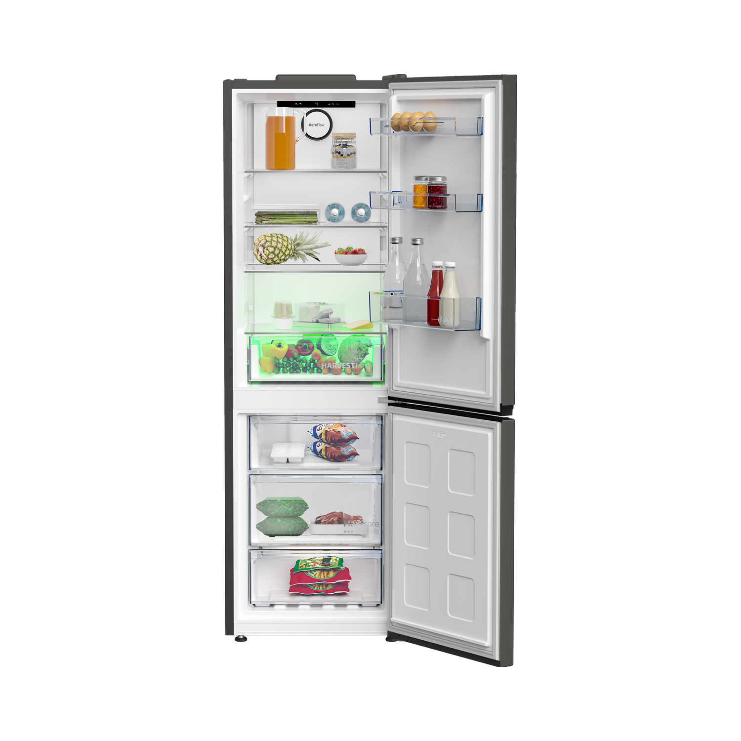 A refrigerator with open doors, showing shelves, and food inside.