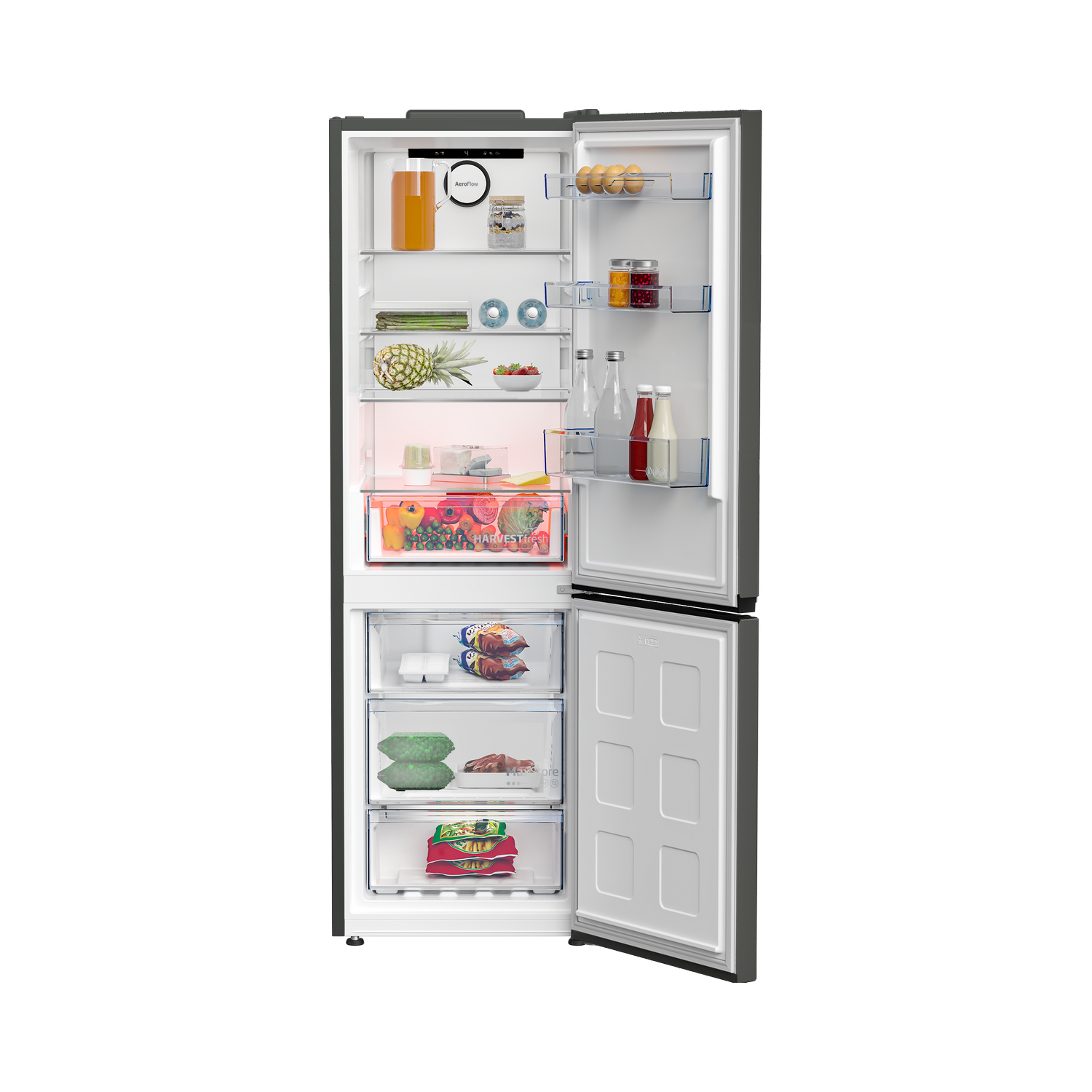 An open refrigerator filled with groceries, including fruits, drinks, and packaged foods.