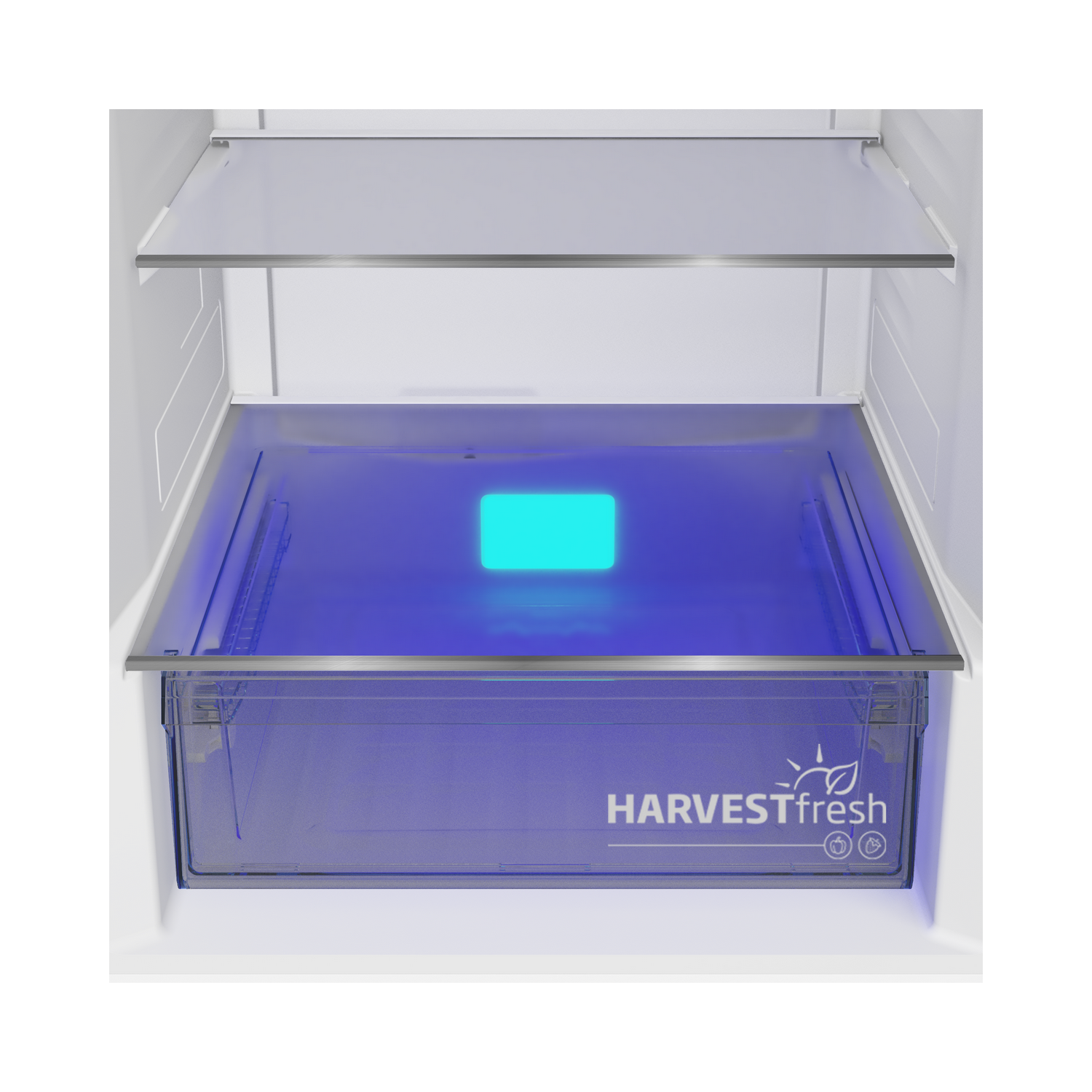 A refrigerator's interior with a blue LED-lit vegetable drawer.
