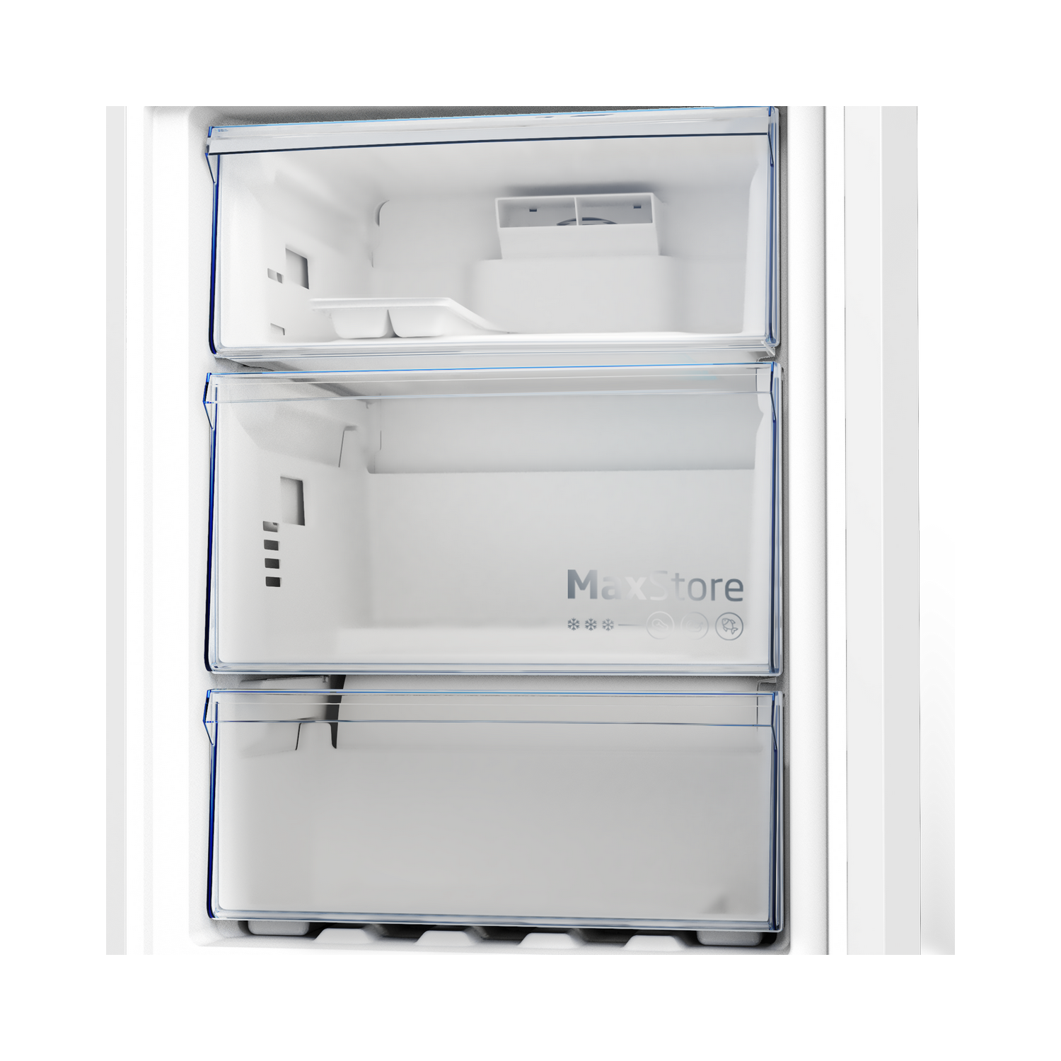 A refrigerator interior with three drawers, the middle one labeled MaxStore.