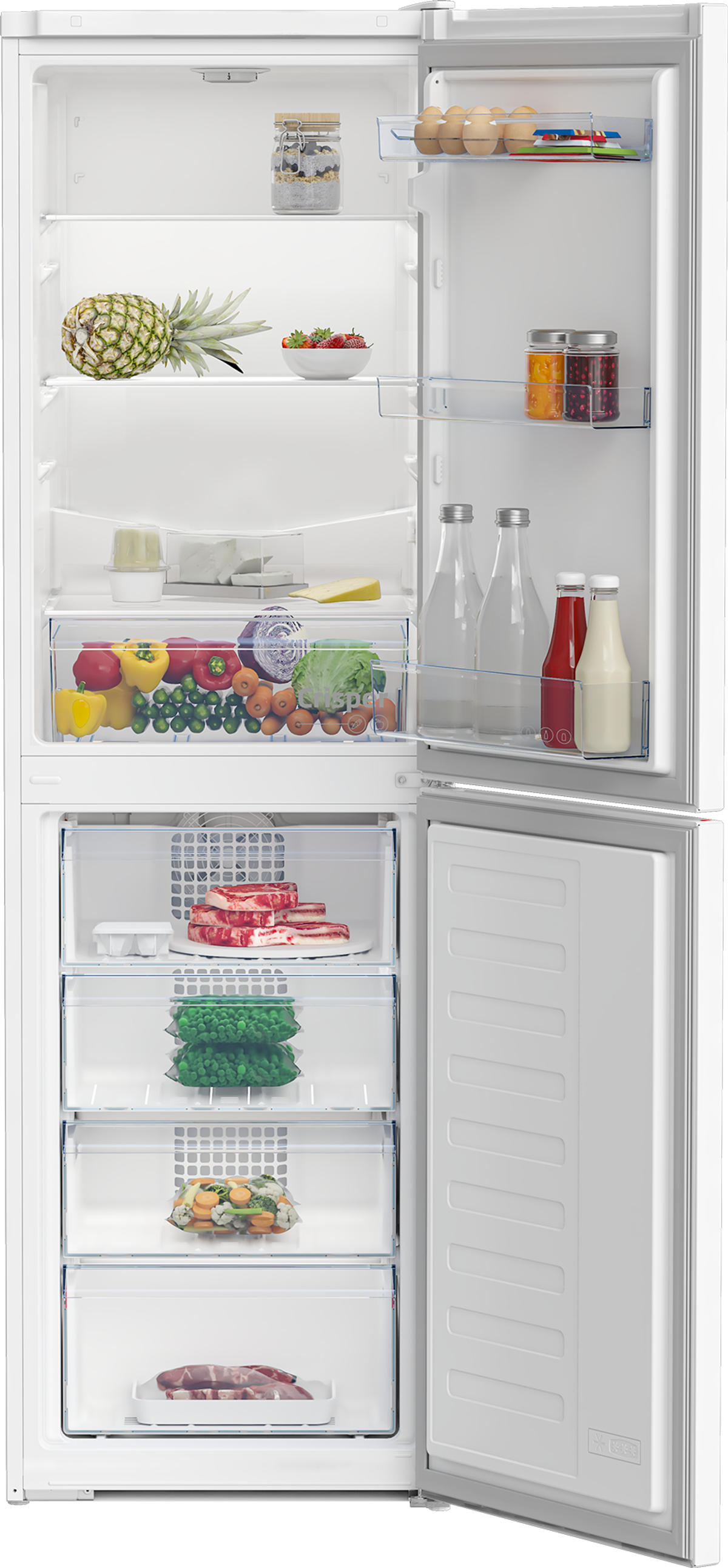 Open refrigerator filled with food items. Contains fruits, vegetables, bottles, and jars.