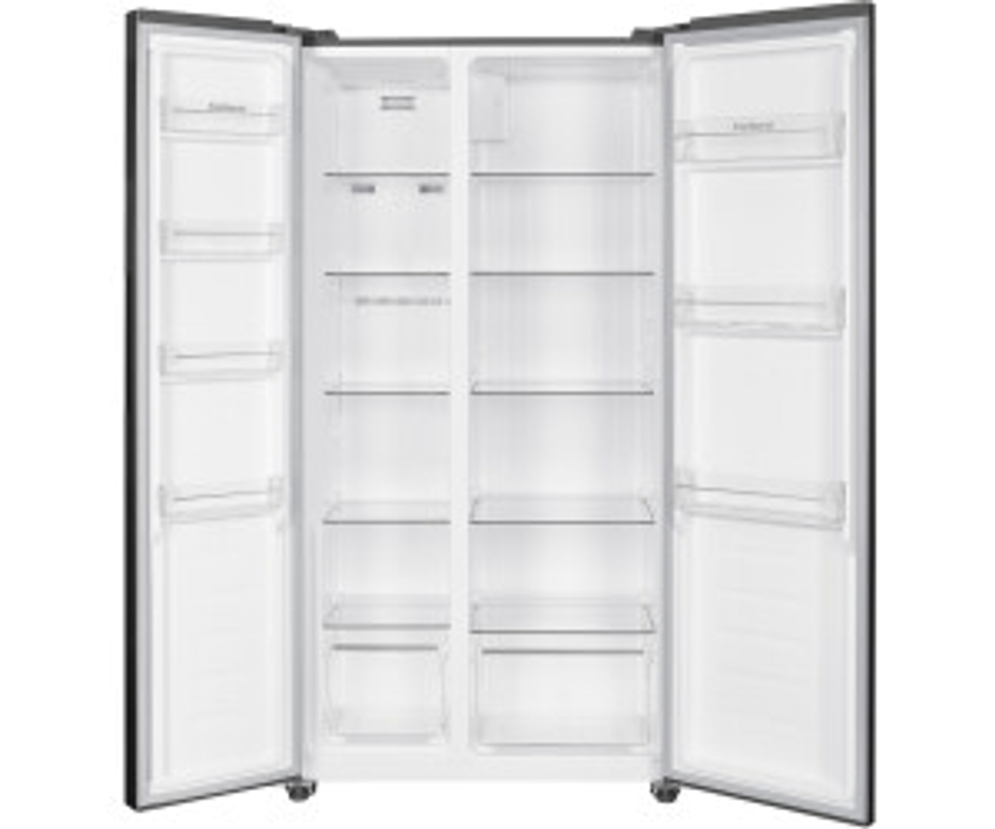 Wnętrze lodówki side-by-side z półkami i szufladami, otwarte drzwi, białe wnętrze.