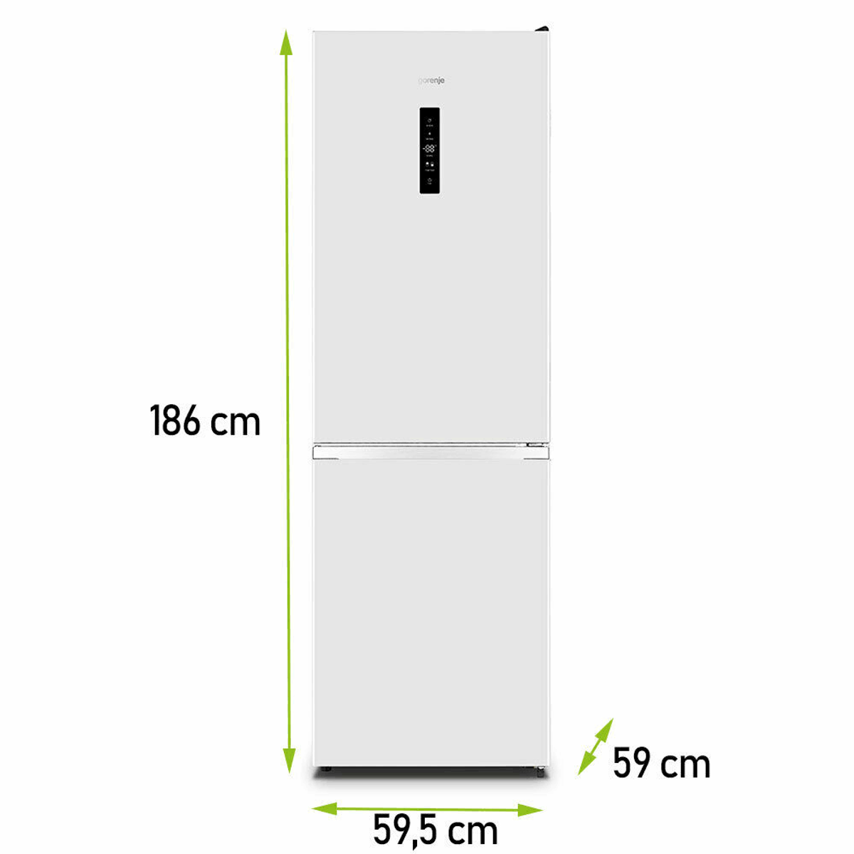 Ein hoher weißer Kühlschrank mit oberem Gefrierfach, mit den Maßen 186 cm und 59,5 cm.