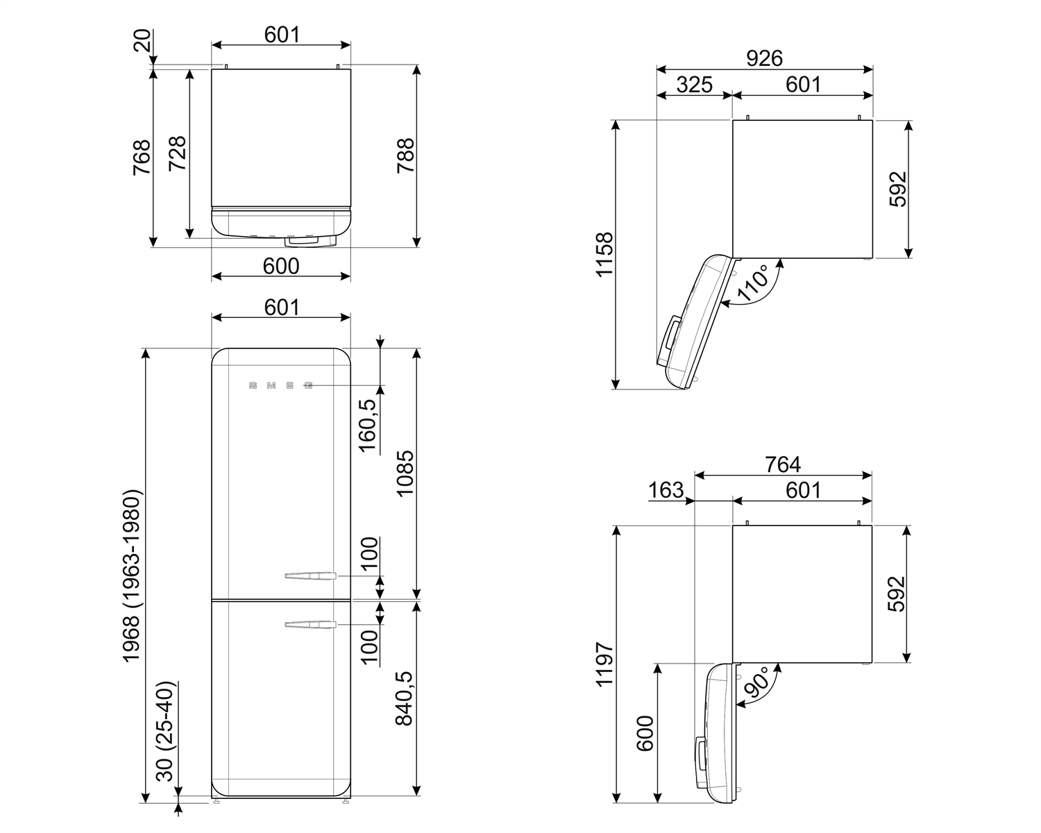 Dibujos técnicos de un refrigerador, que muestran dimensiones y ángulos desde diferentes vistas.