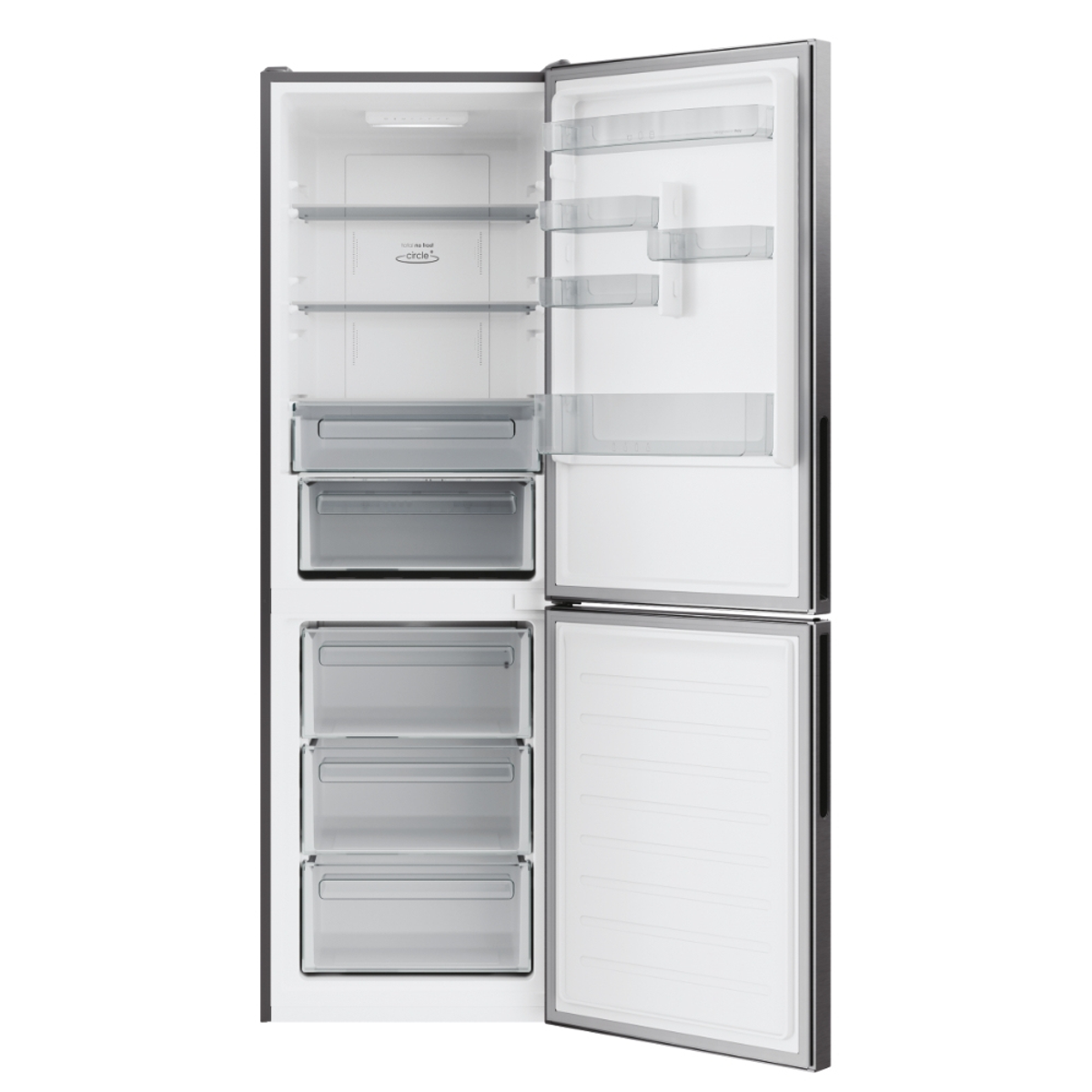 Refrigerador con puerta abierta, mostrando estantes y cajones. Interior blanco, exterior gris, aislado.