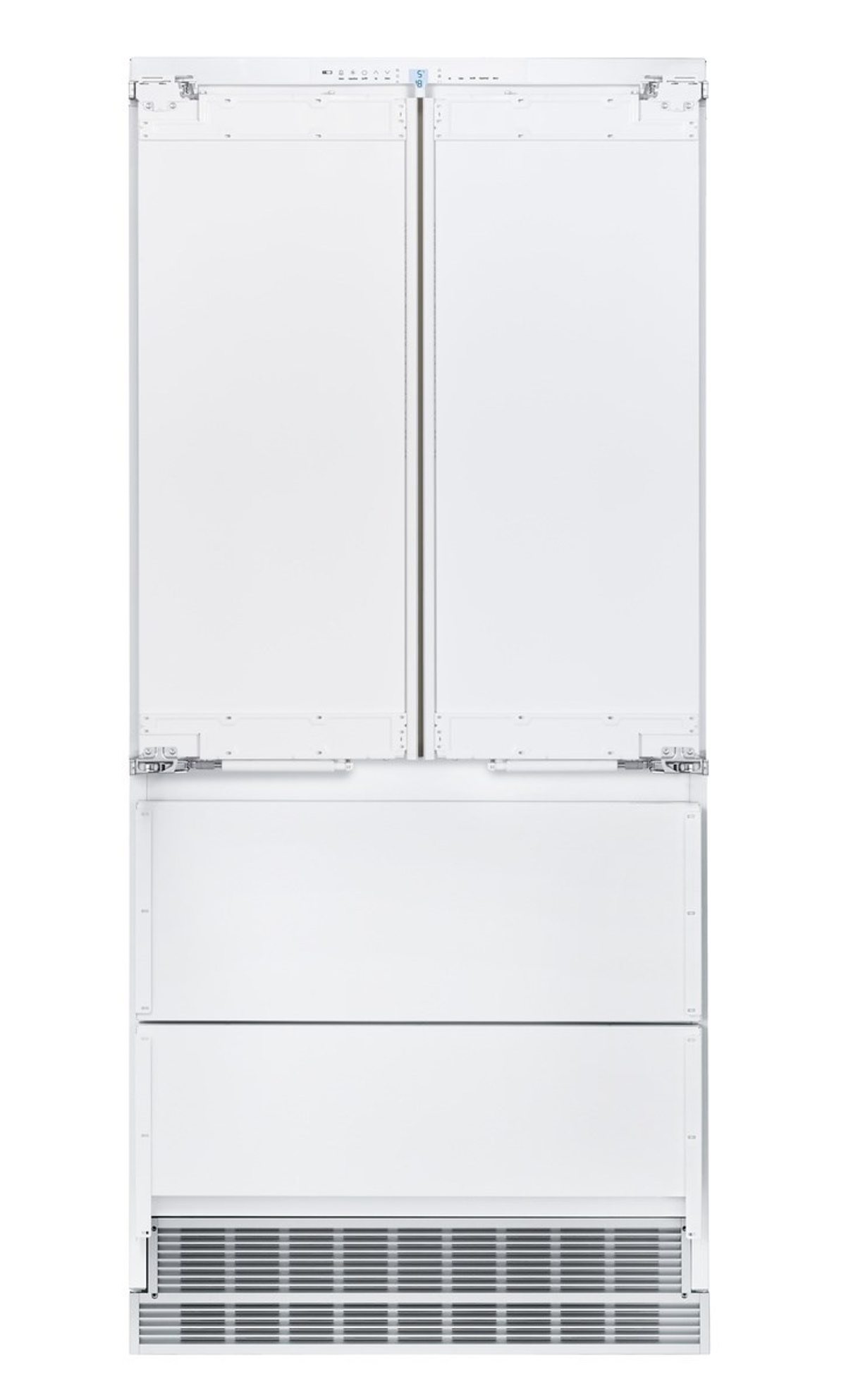 Un frigorifero bianco con due porte e un cassetto congelatore inferiore, tutto chiuso.