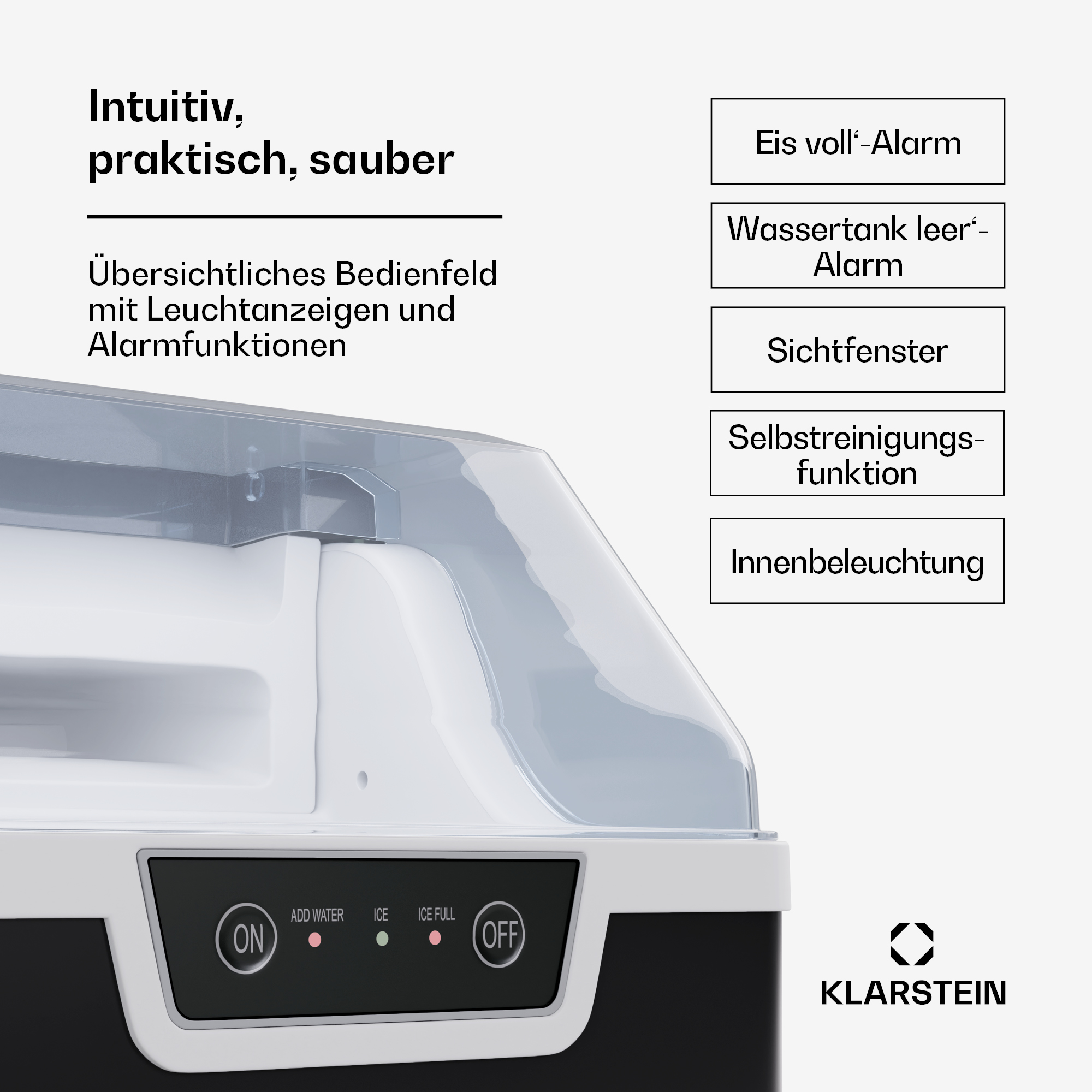 Eisbereiter mit Bedienfeld und Funktionen, die auf dem Gerät angezeigt werden.