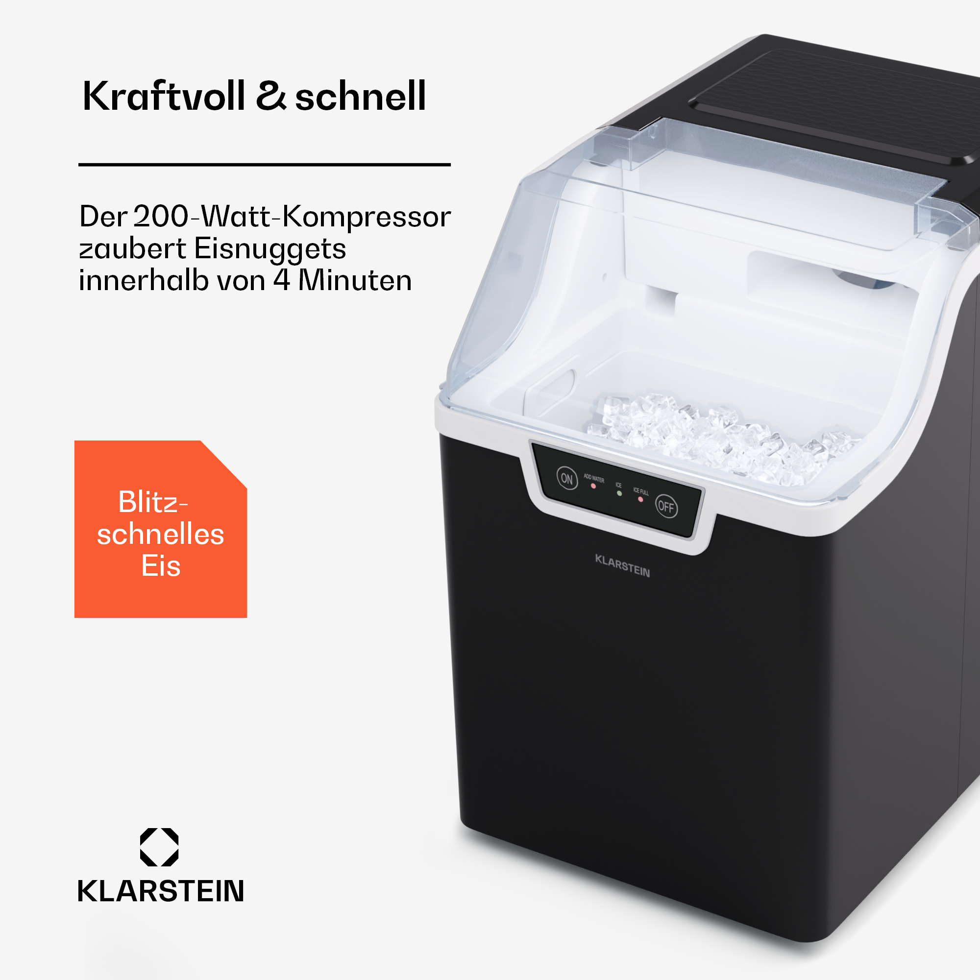 Schwarzer und weißer Eisbereiter. Oben steht 'Kraftvoll & schnell'. Eiswürfel sind im Behälter.
