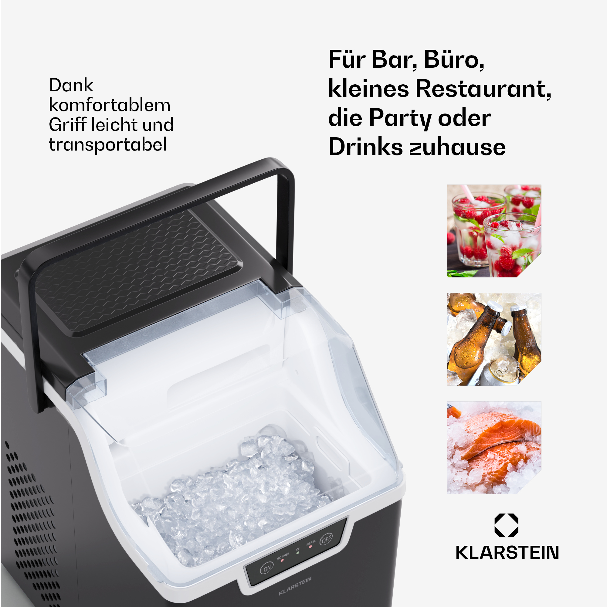 Eismaschine mit Eiswürfeln, Getränke, Bier und Lachs. Text: Für Bar, Büro, Restaurant, Party oder Drinks zu Hause.