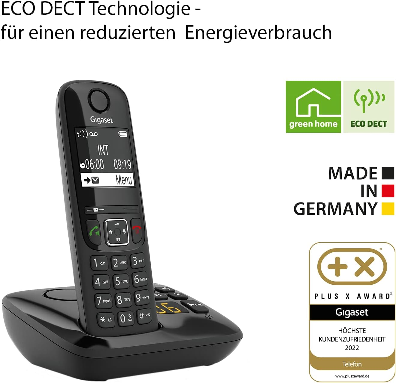 Schwarzes Telefon mit Basis, Logos rechts und Text zum Energiesparen.