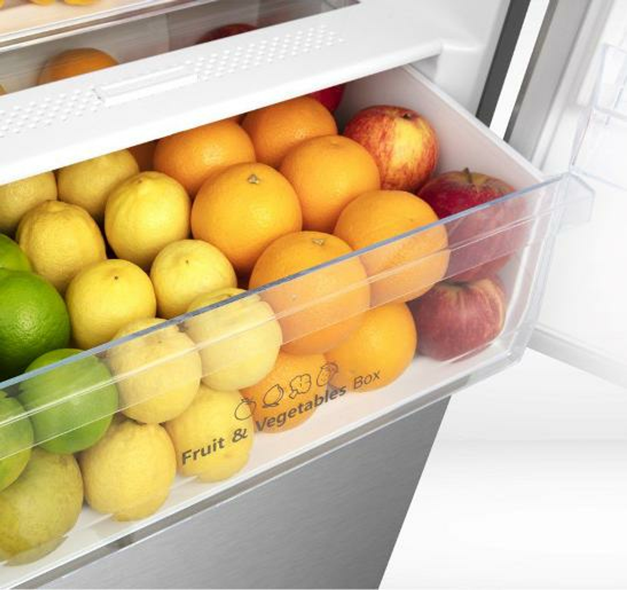 Cajón de refrigerador lleno de frutas: limones, naranjas, manzanas y limas.