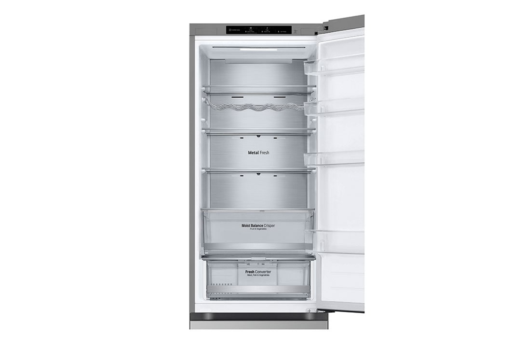 Otwarta lodówka LG, pokazująca półki z funkcjami Metal Fresh i Moist Balance Crisper.