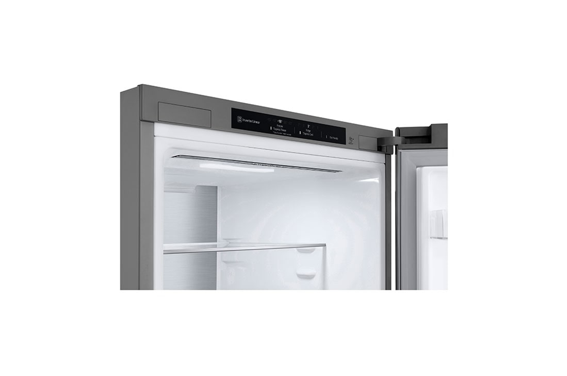 Zbliżenie wnętrza lodówki z panelem i światłem nad nim.