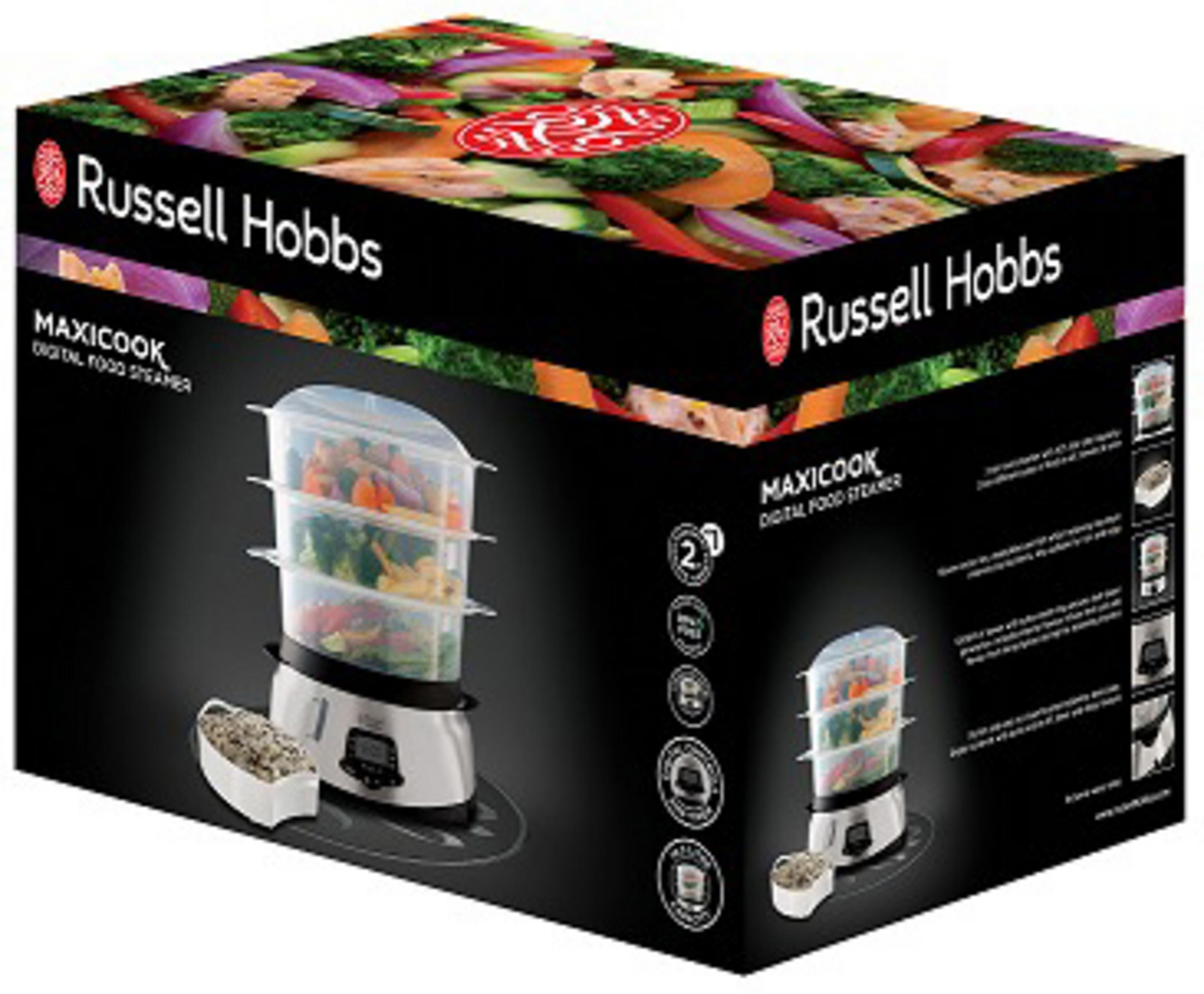 Bir Russell Hobbs Maxicook dijital gıda vapur kutusu ürünü ve özelliklerini gösteriyor.