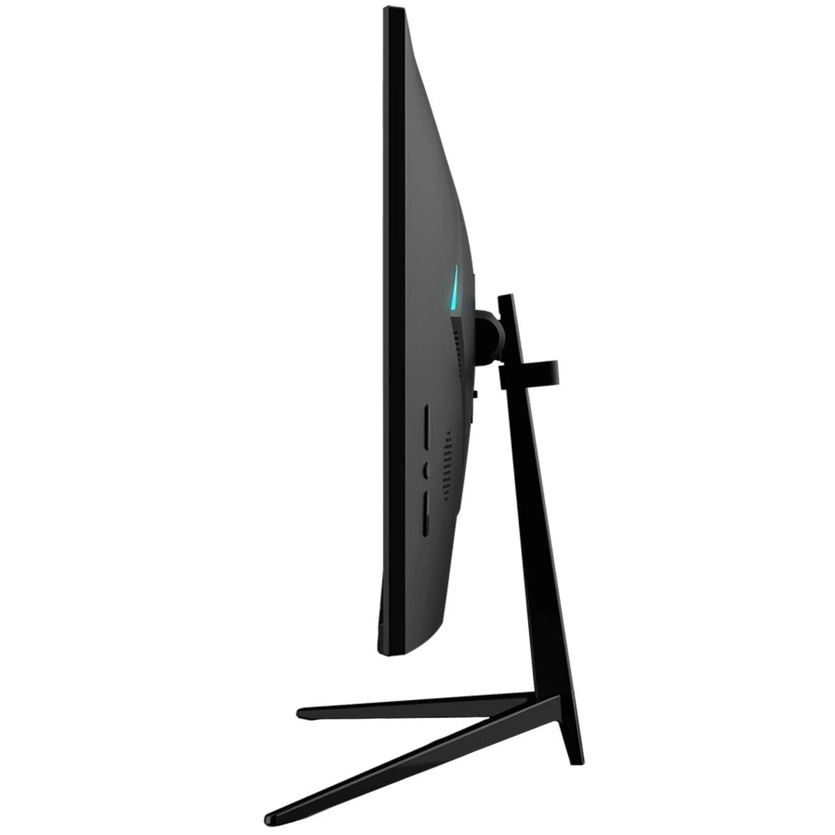 Widok z boku czarnego monitora ze stojakiem. Ekran jest ciemny. Minimalistyczny design.