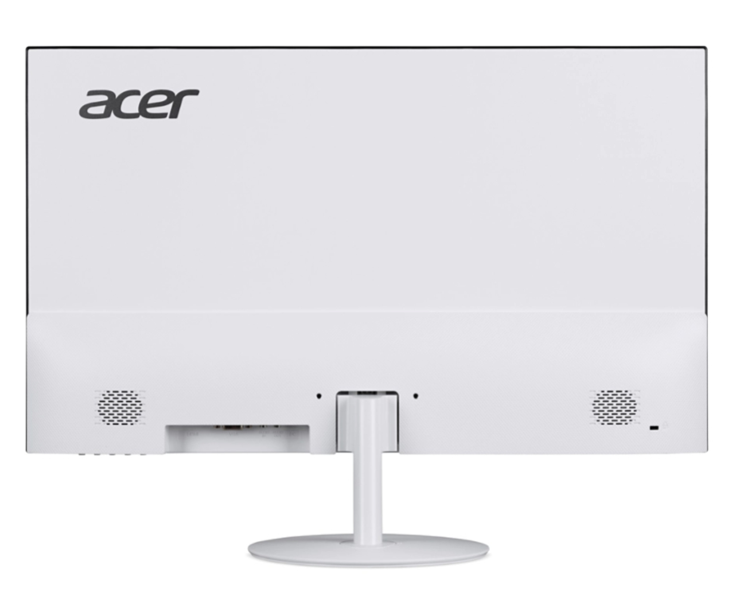 Tył białego monitora Acer z logo Acer, głośnikami i mocowaniem do podstawy.