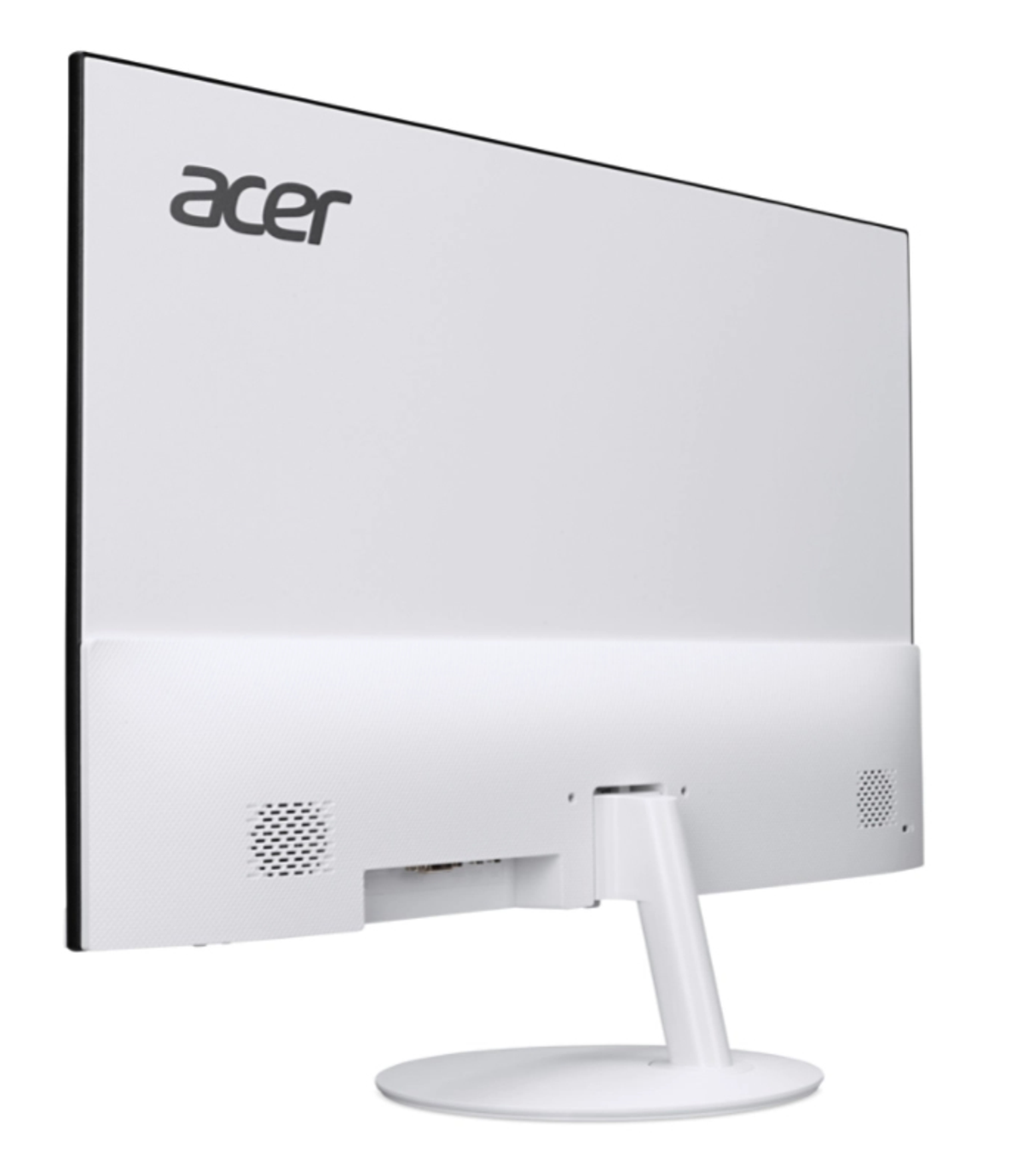 Tył białego monitora Acer. Ma podstawę i wentylację. Widoczne logo Acer.