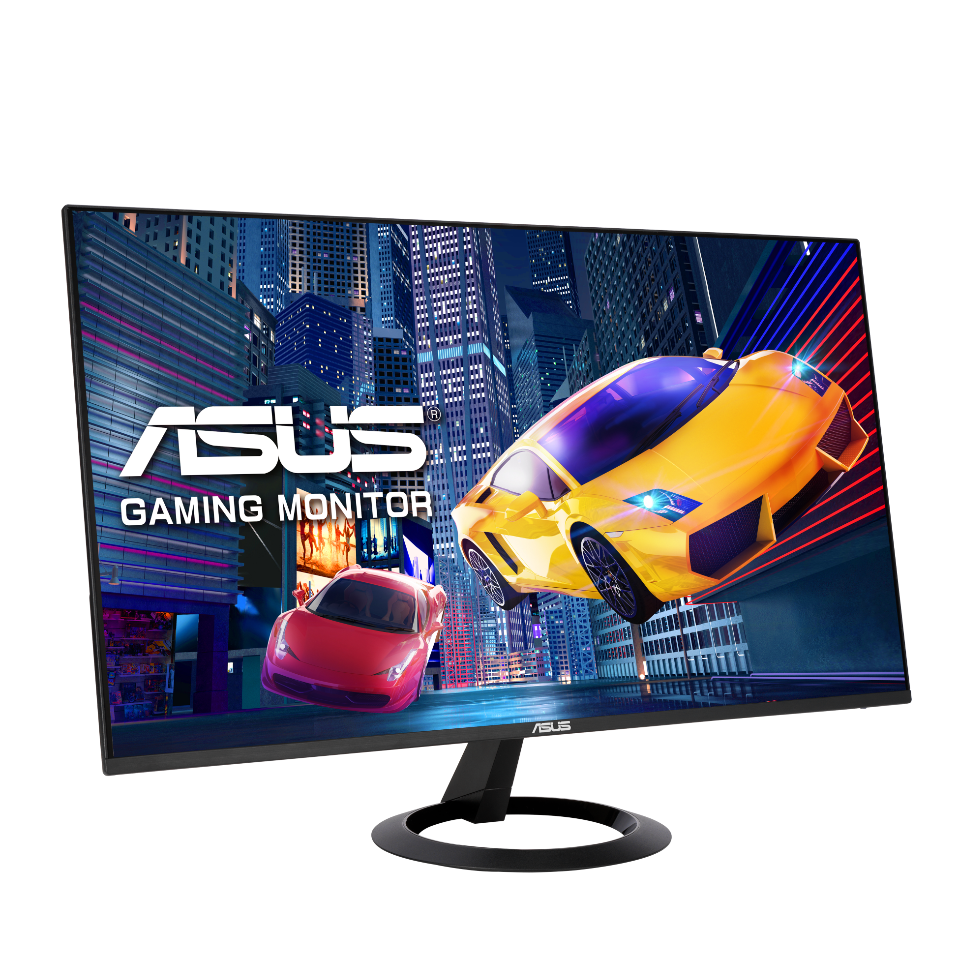 Monitor do gier ASUS wyświetlający scenę miejską z dwoma samochodami wyścigowymi na czarnym tle.