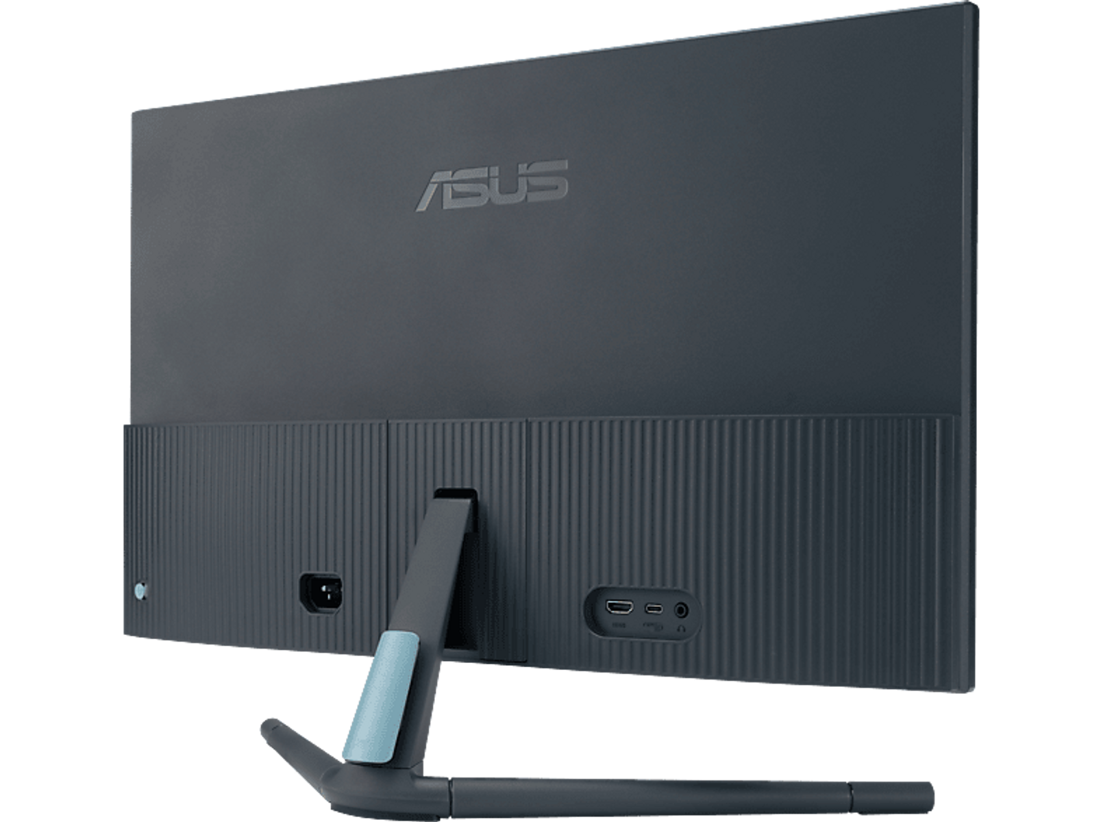 Widok z tyłu monitora ASUS z widoczną podstawą i portami.