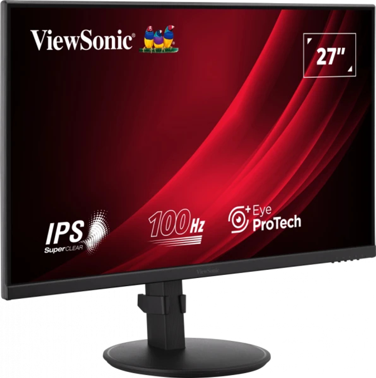 27-calowy monitor ViewSonic. Czerwone tło. Loga IPS, 100Hz i Eye ProTech.
