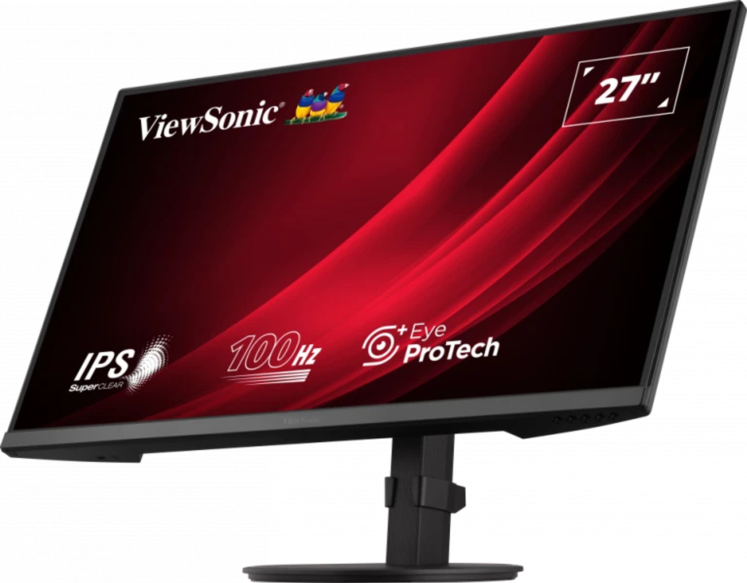 Czarny monitor ViewSonic 27" z czerwonymi akcentami, wyświetlający logo i specyfikacje.