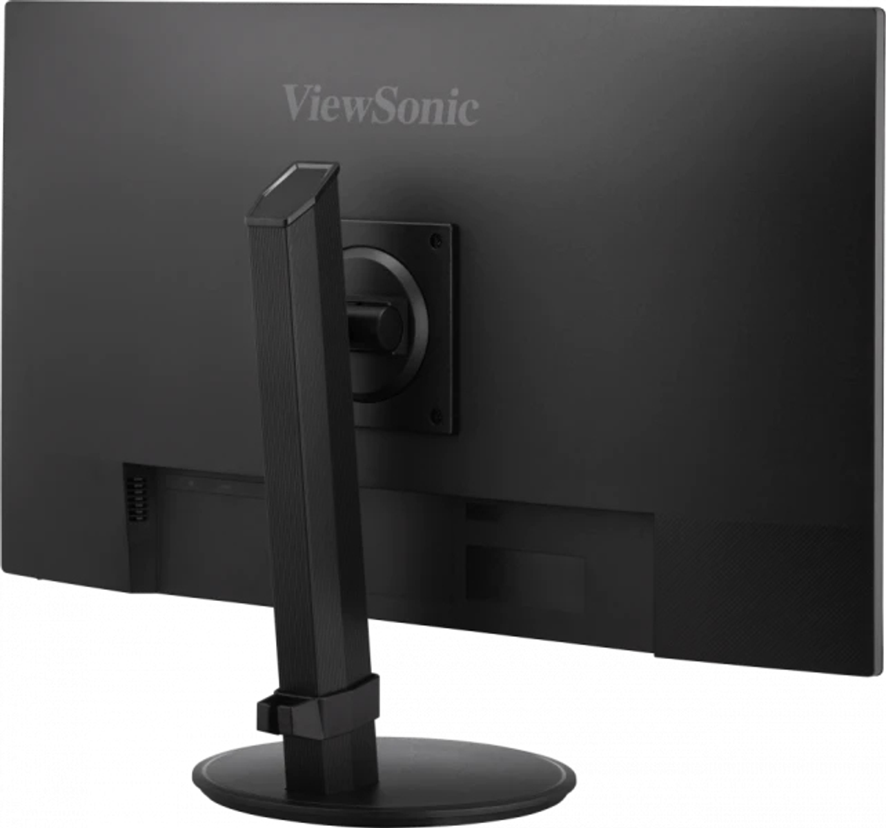 Widok z tyłu czarnego monitora ViewSonic. Stojak jest widoczny. Logo ViewSonic jest widoczne.