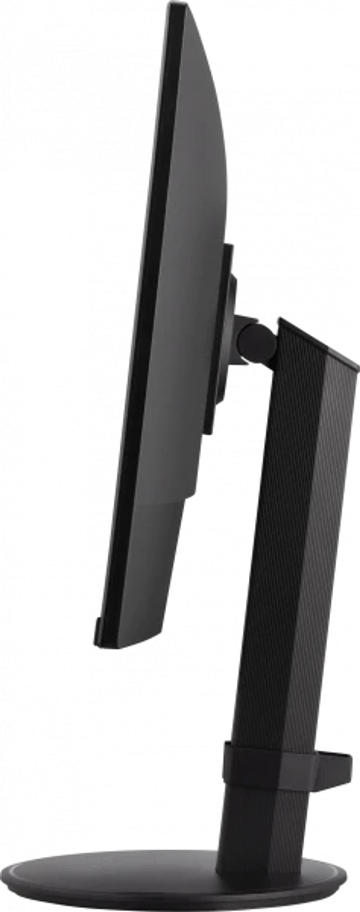 Czarny monitor z boku, z czarną podstawą i kwadratową podstawą.
