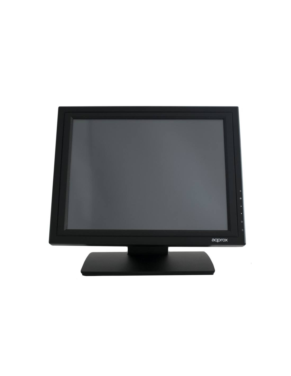 Un monitor de computadora negro con una pantalla rectangular, sobre una base negra, contra un fondo blanco.