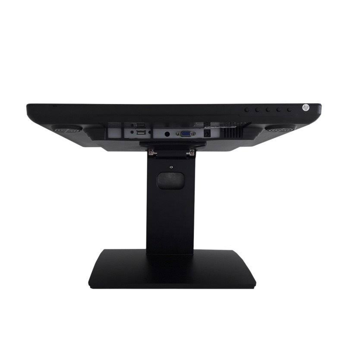 Parte inferior de un monitor negro con puertos, soporte adjunto.