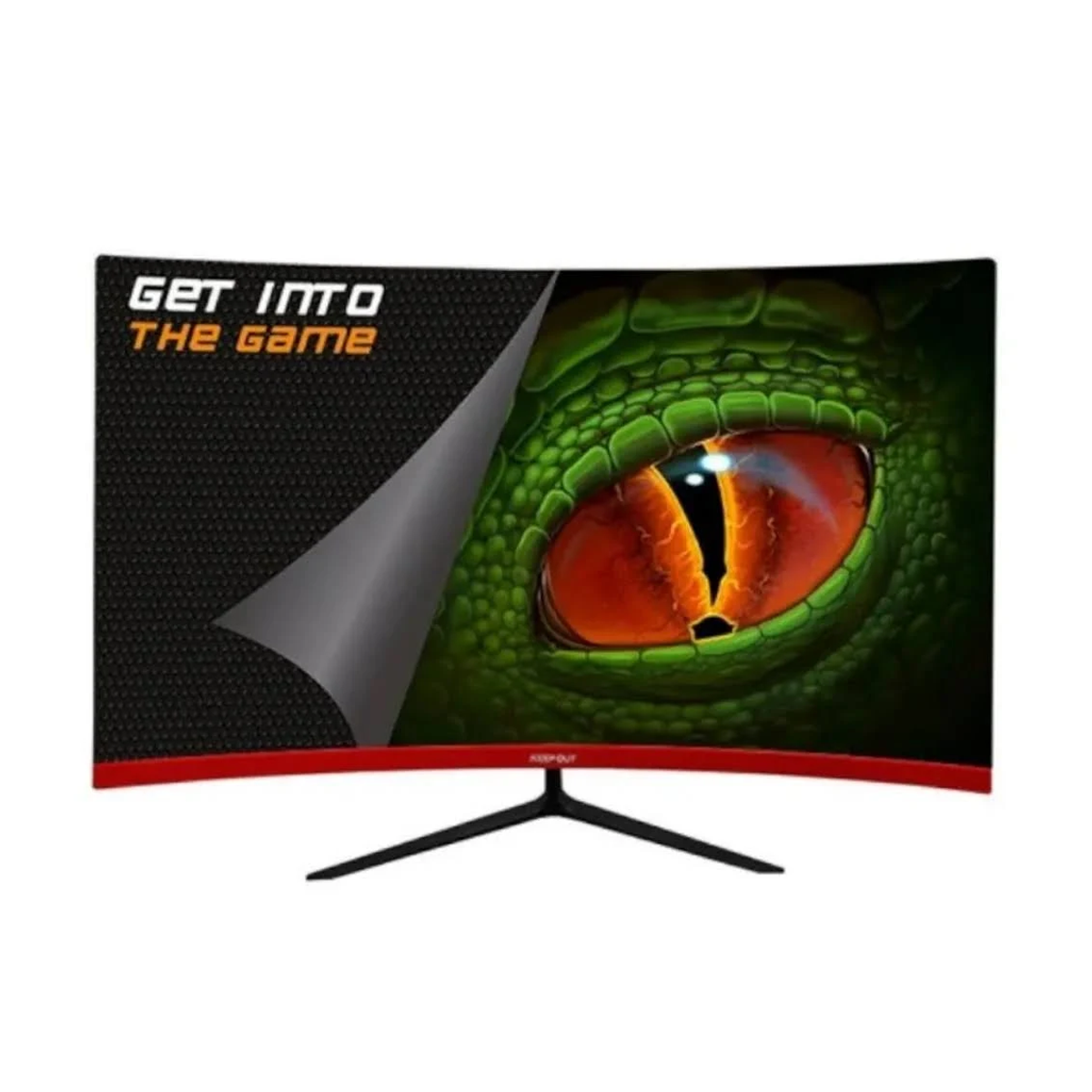 Monitor curvo per gaming con grafica occhio. Lo schermo mostra il testo: GET INTO THE GAME, con un supporto.