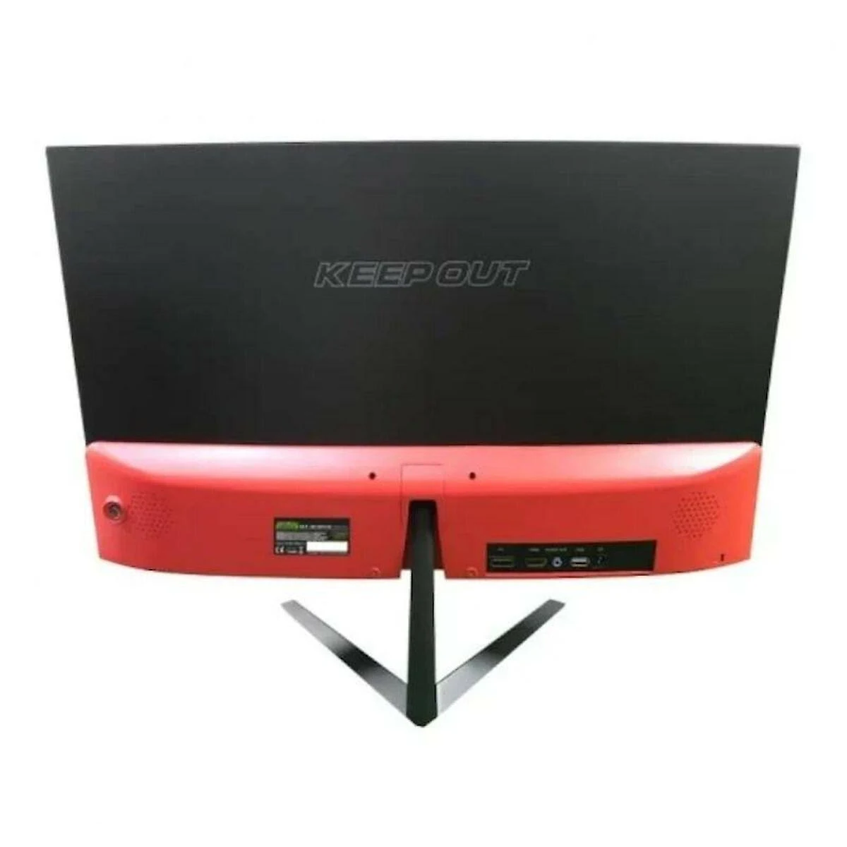 Il retro di un monitor rosso e nero con la scritta KEEP OUT.