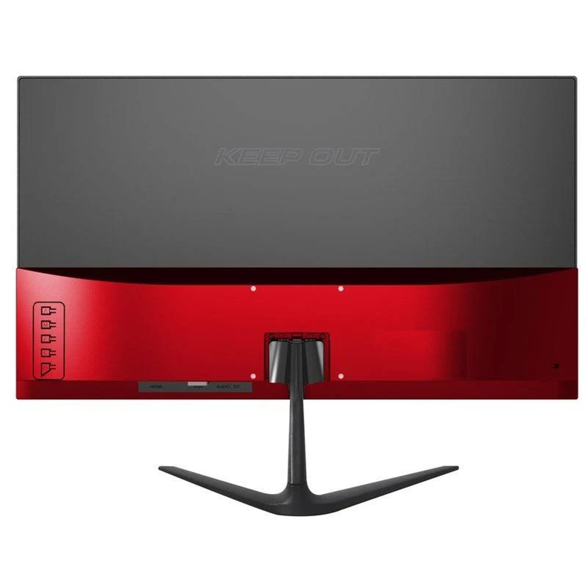 Tył monitora w czerwono-czarnej kolorystyce z napisem 'KEEP OUT'.
