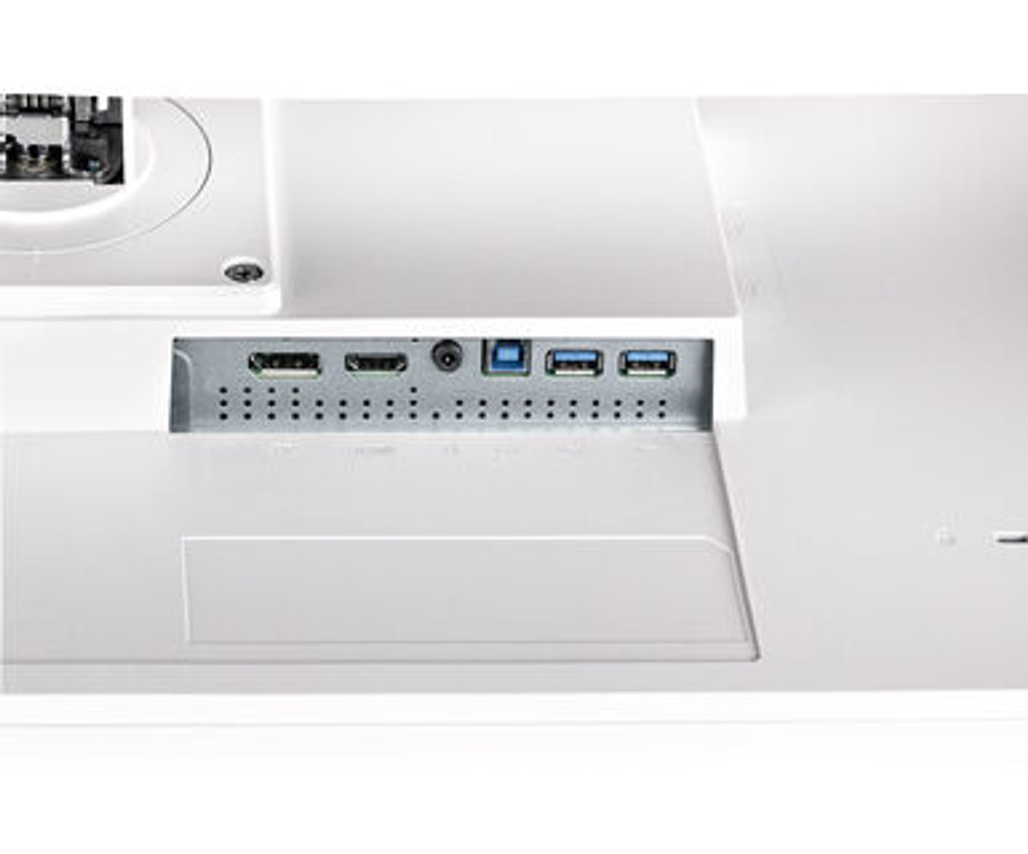 Zbliżenie tylnej części białego monitora z portami. Widoczne USB, HDMI i inne porty.