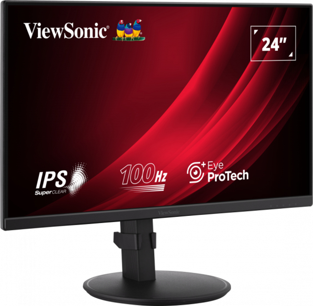 Monitor ViewSonic. Czarna ramka, czerwone tło z białym tekstem i logo.