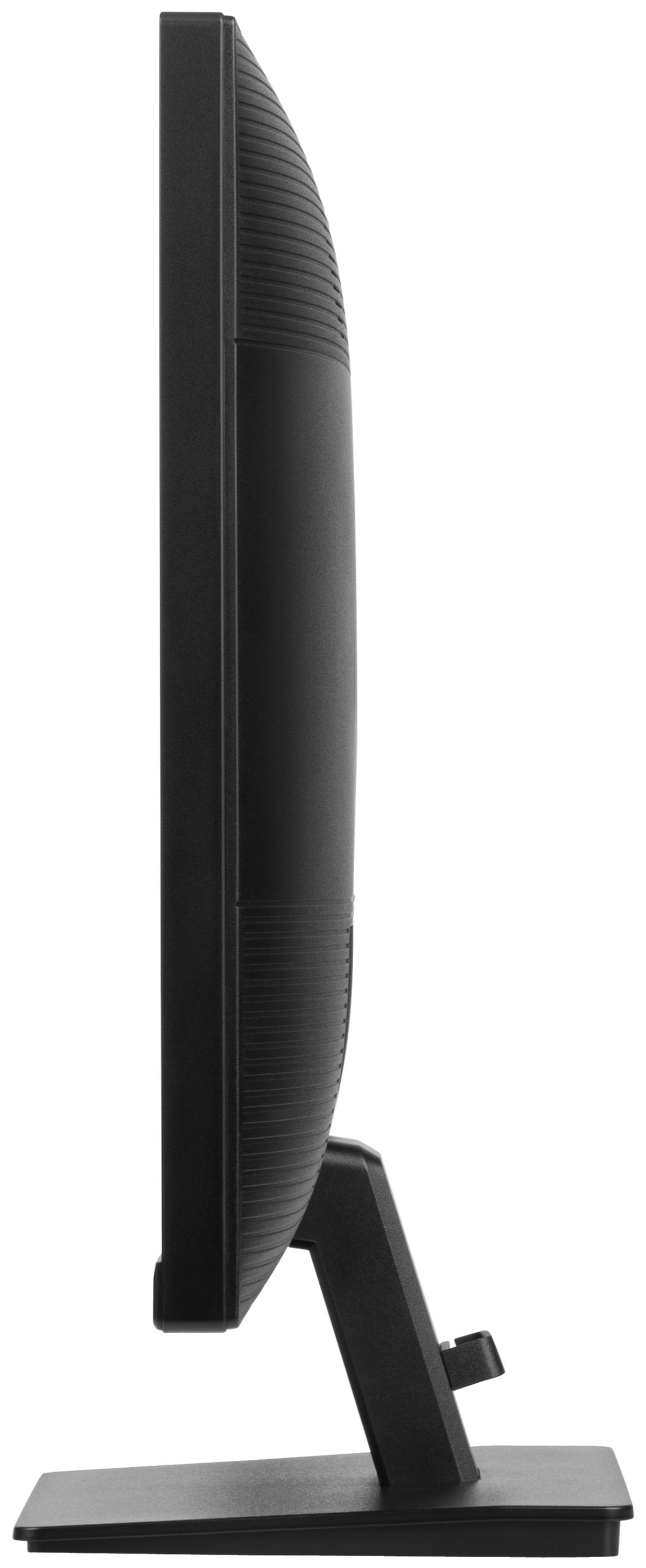 Widok z boku czarnego monitora na czarnej podstawie.