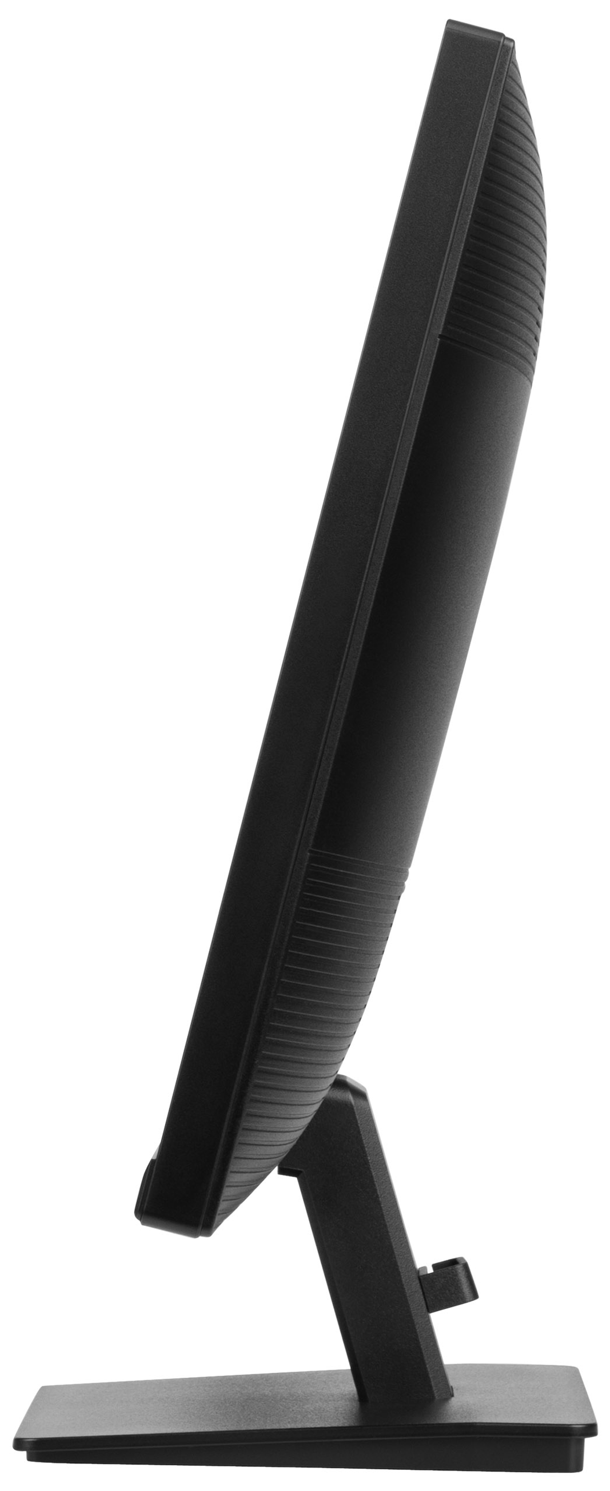 Czarny monitor komputera z boku, pokazujący ekran i podstawę.