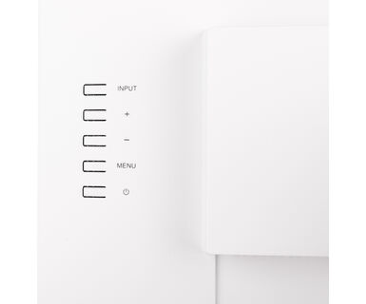 Biały panel z symbolami wejścia, plus, minus, menu i zasilania. Tło jest białe.