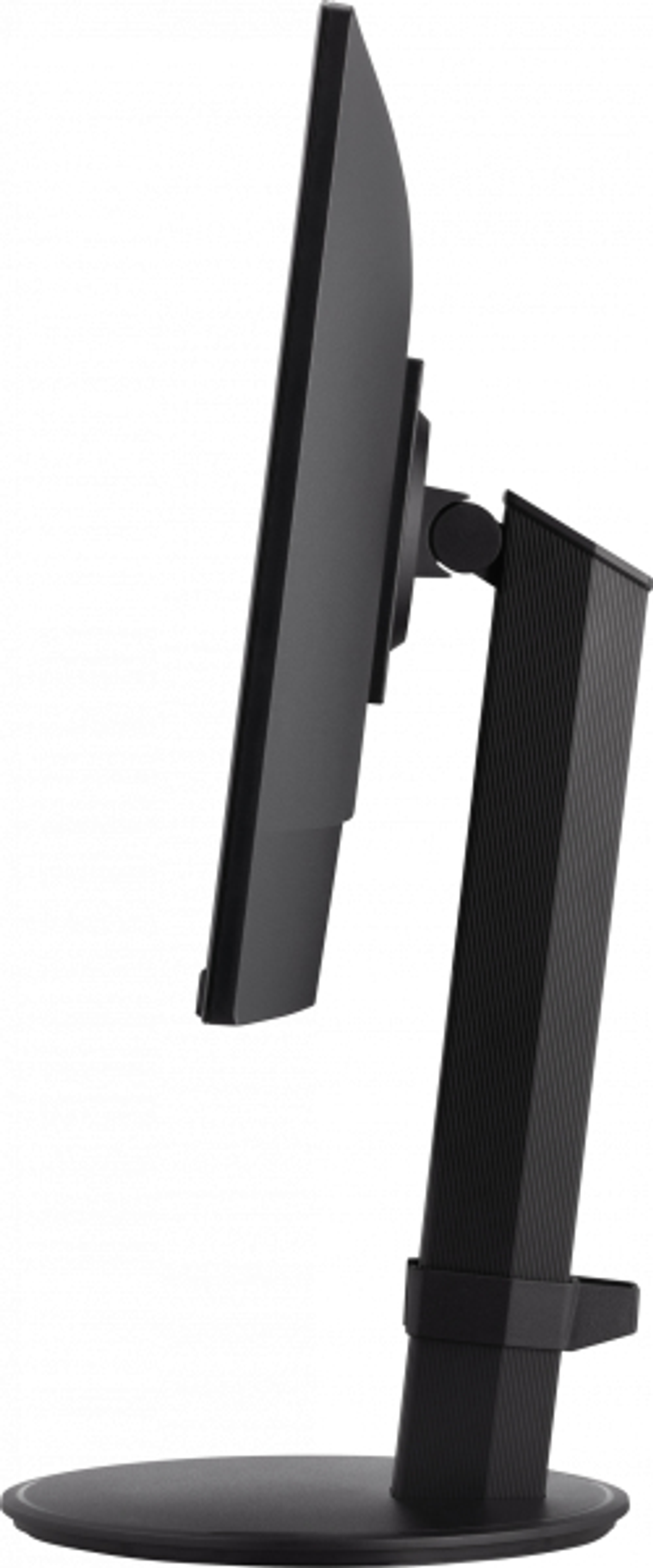 Monitor komputerowy, widok z profilu. Ekran jest czarny, zamontowany na czarnym stojaku z zakrzywioną podstawą.