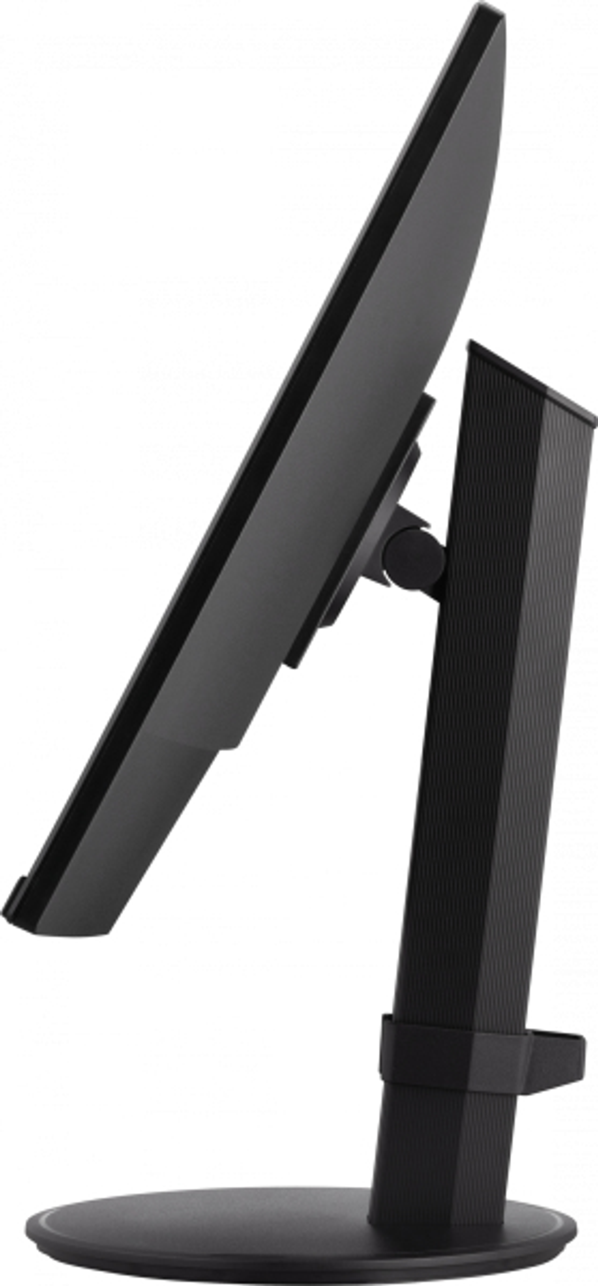 Una vista laterale di un monitor per computer nero su un supporto, che mostra lo schermo e il supporto.