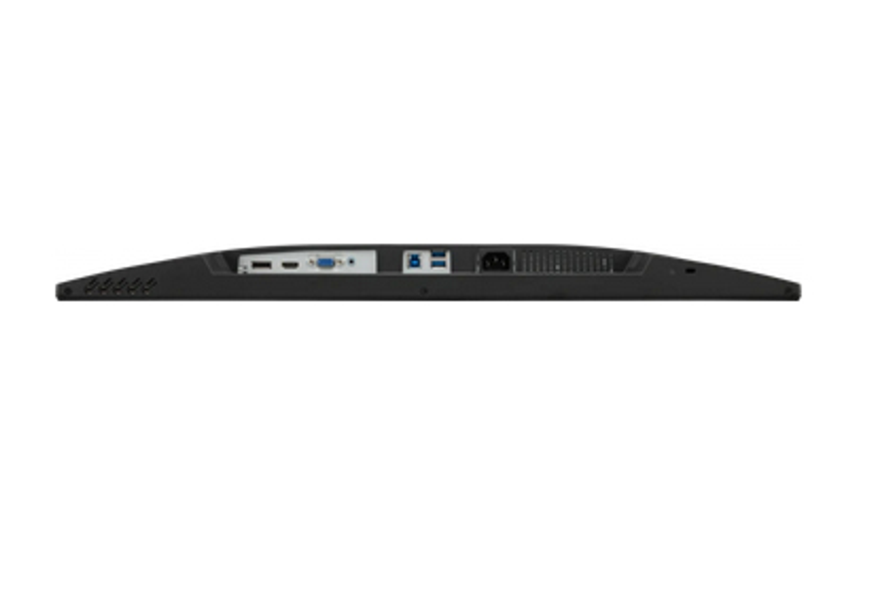 La parte inferiore di un monitor con porte e connettori visibili su sfondo bianco.