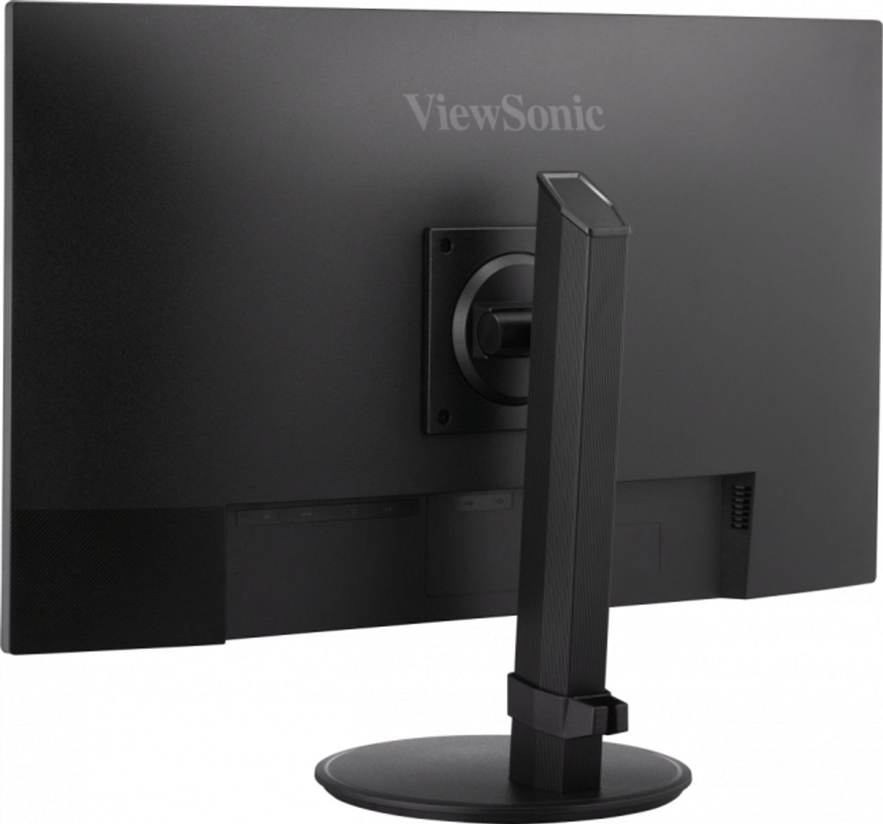 Il retro di un monitor nero con il logo ViewSonic e un supporto. La base è rotonda.