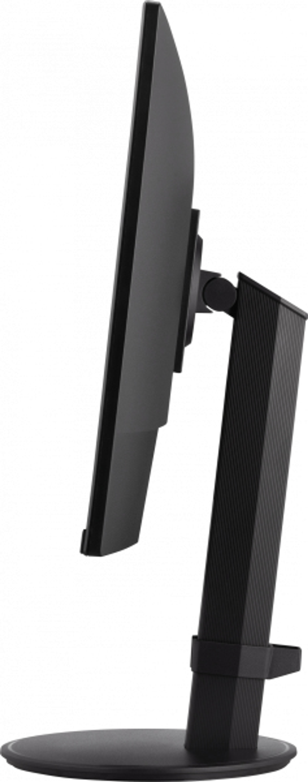 Un monitor del computer nero su un supporto è visto di lato, contro uno sfondo bianco.