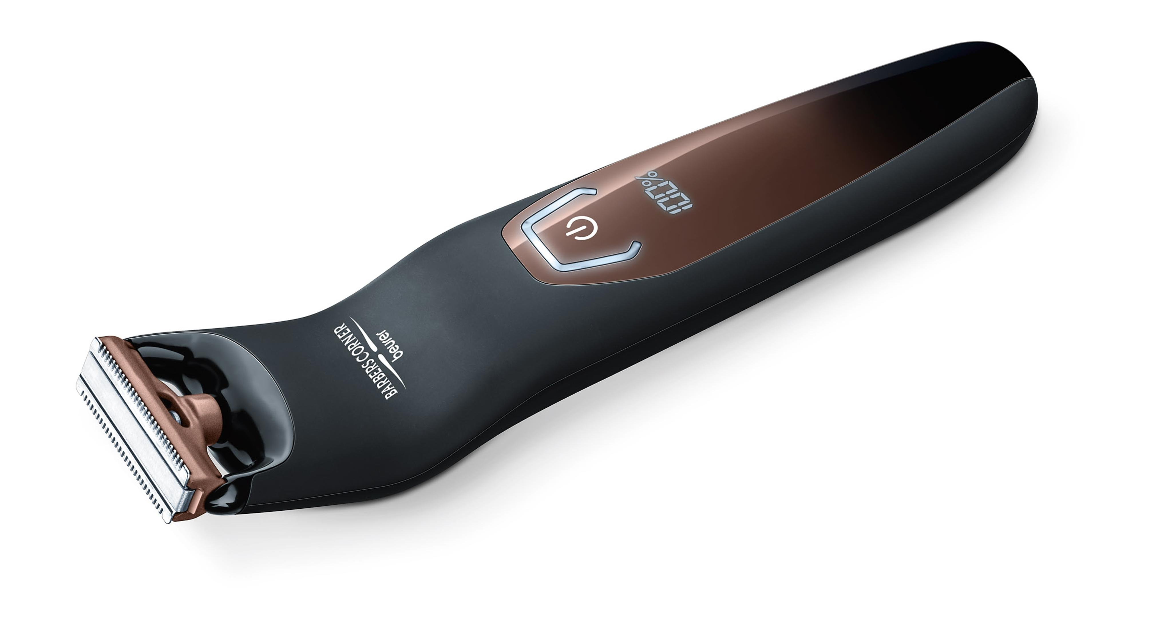 Schwarzer und brauner Haarschneider mit digitaler Anzeige und Markennamen.