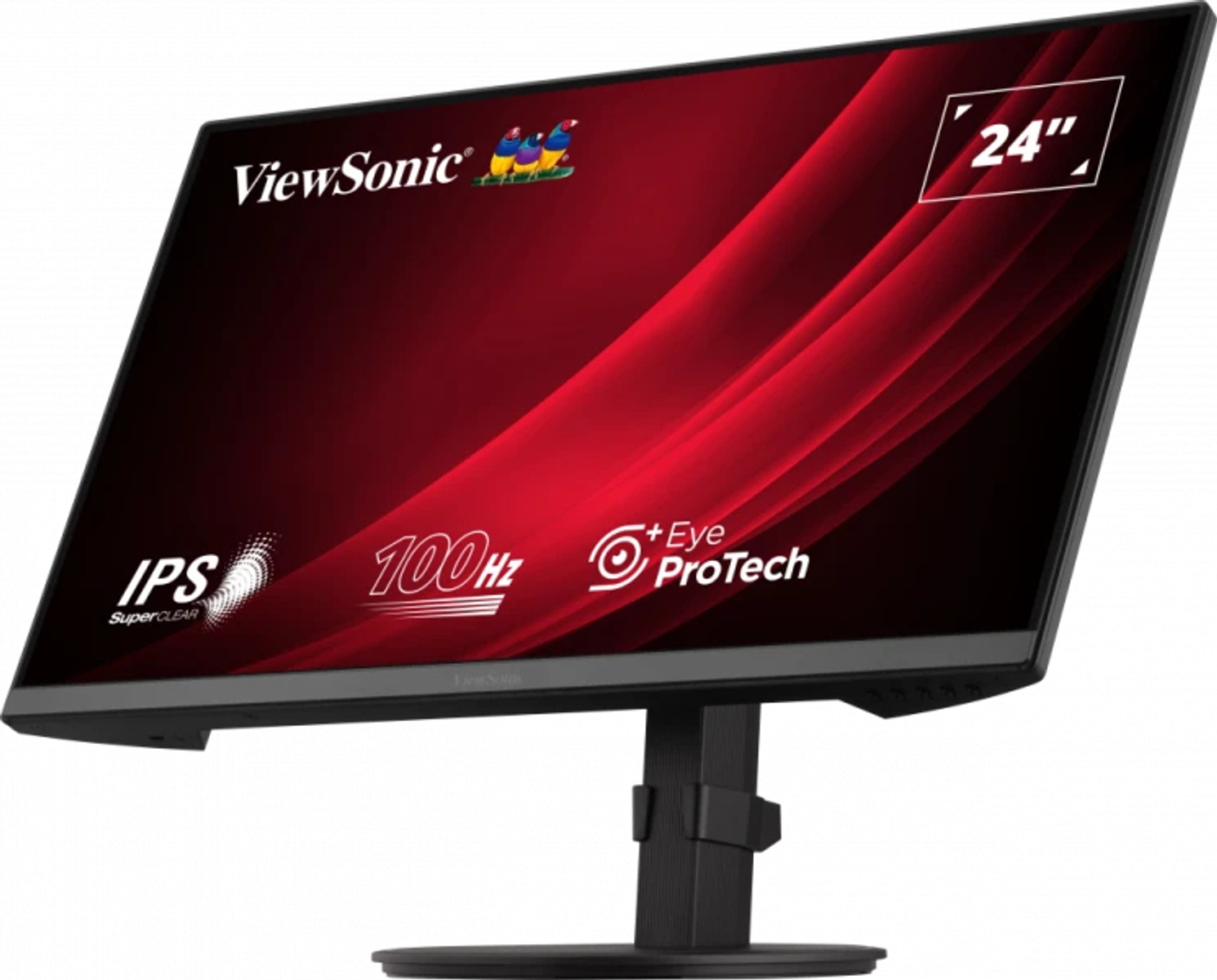 A computer monitor, black frame, tilted. The screen has a red gradient background with the brand name ViewSonic.