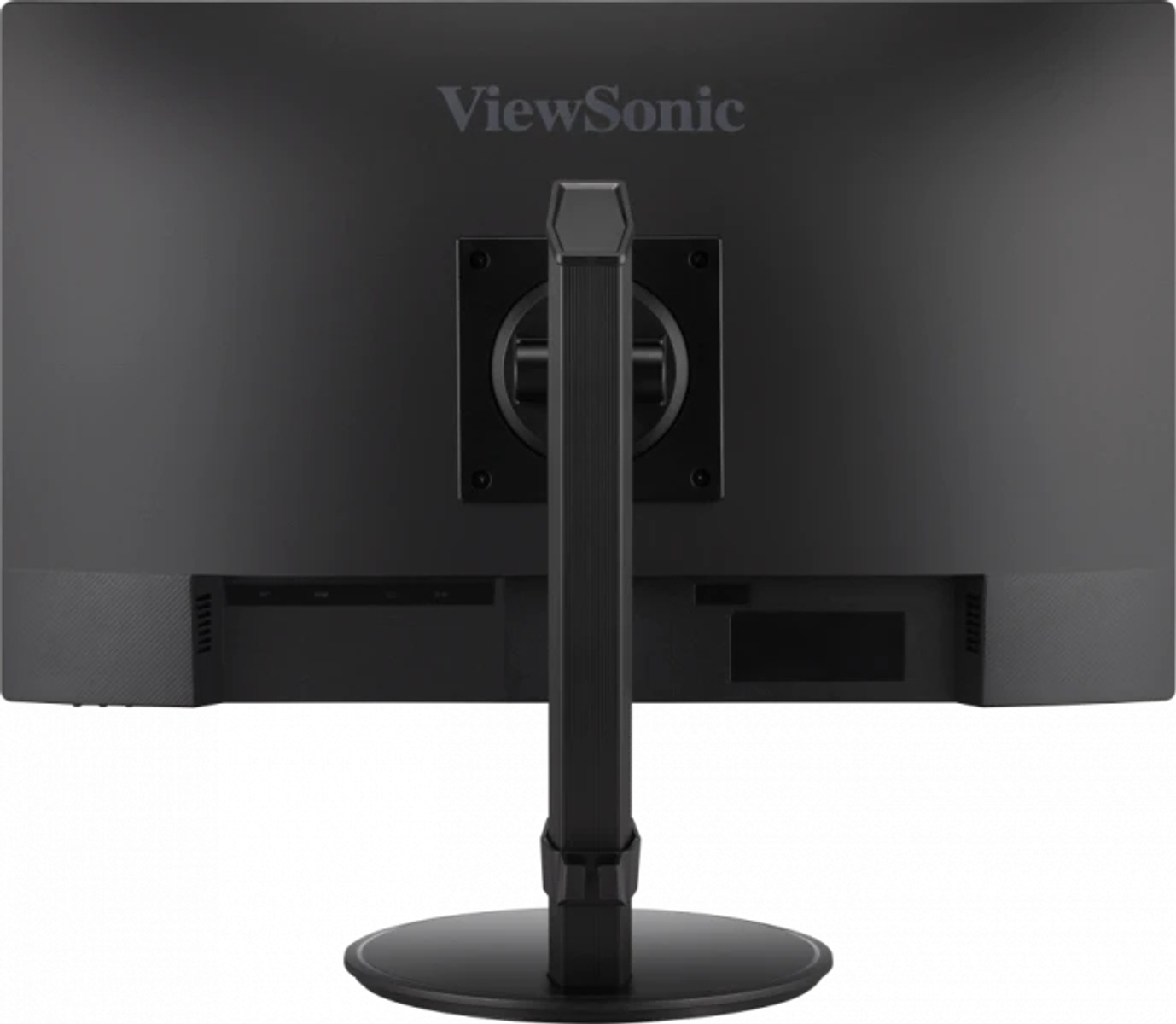 The back of a monitor, with a stand and connection ports visible.